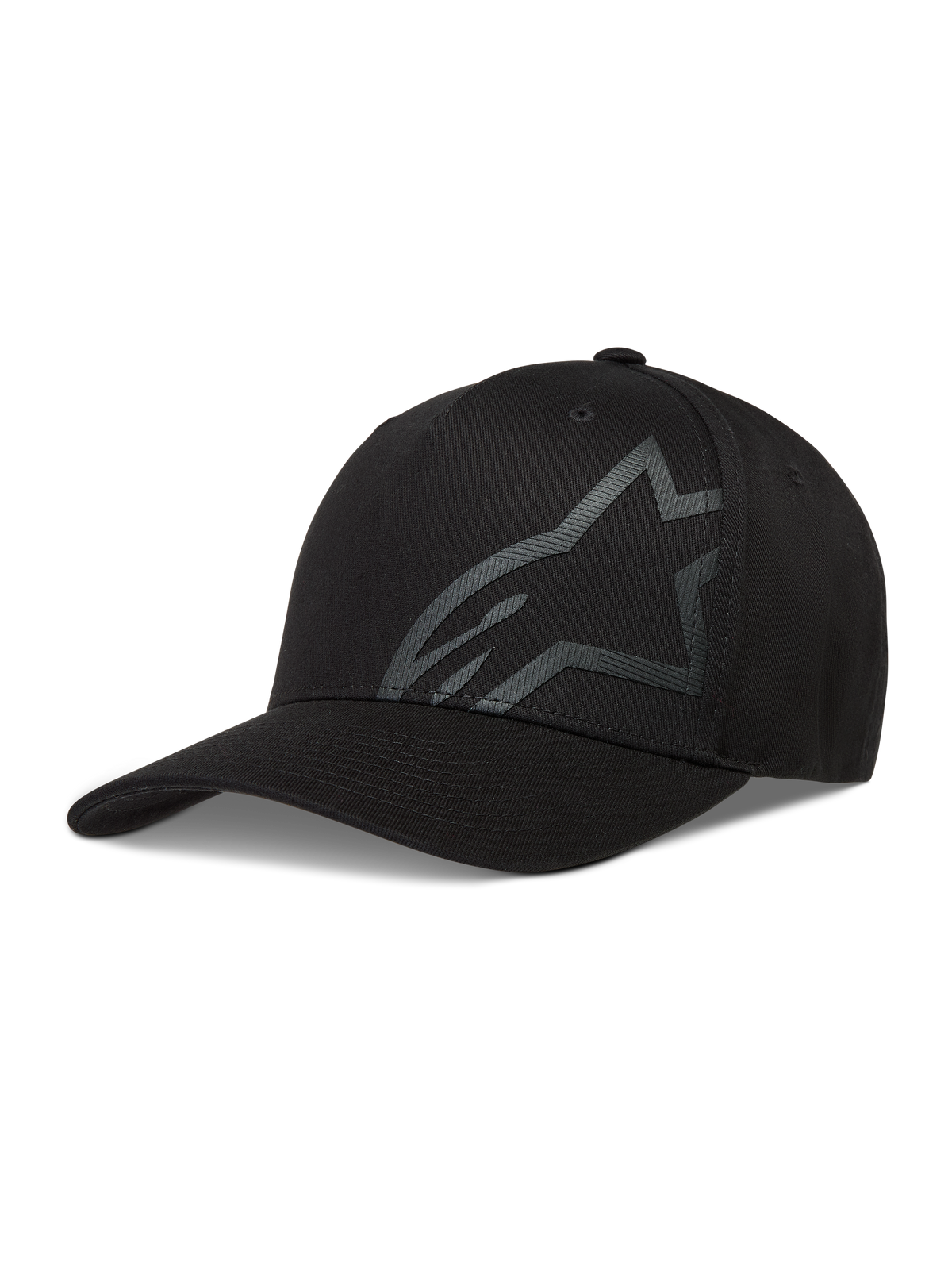Alpinestars Maze Hat, chapéu de estilo basebol para sportswear, preto, com logótipo Astars texturizado, aba curva e tecido em sarja.
