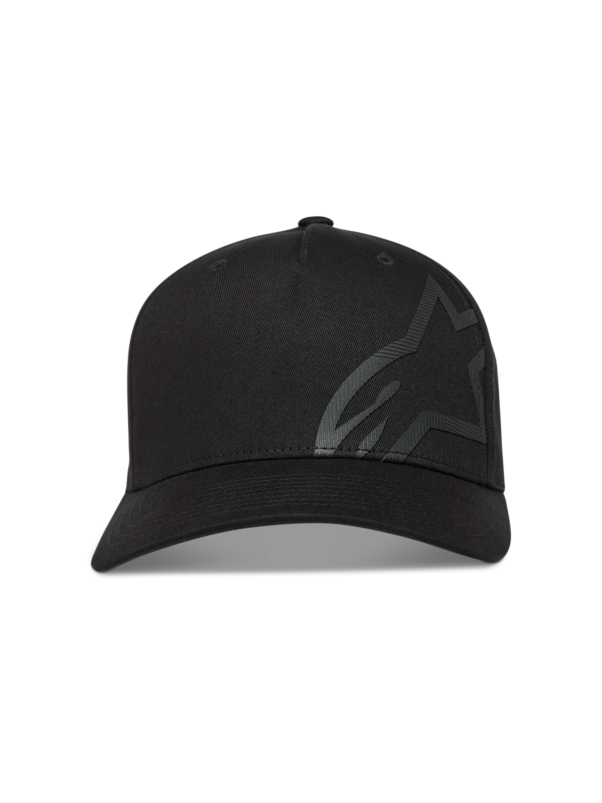 Alpinestars Maze Chapéu, boné de sarja preto com aba curva e grande logótipo Astars texturizado, estilo sportswear casual.