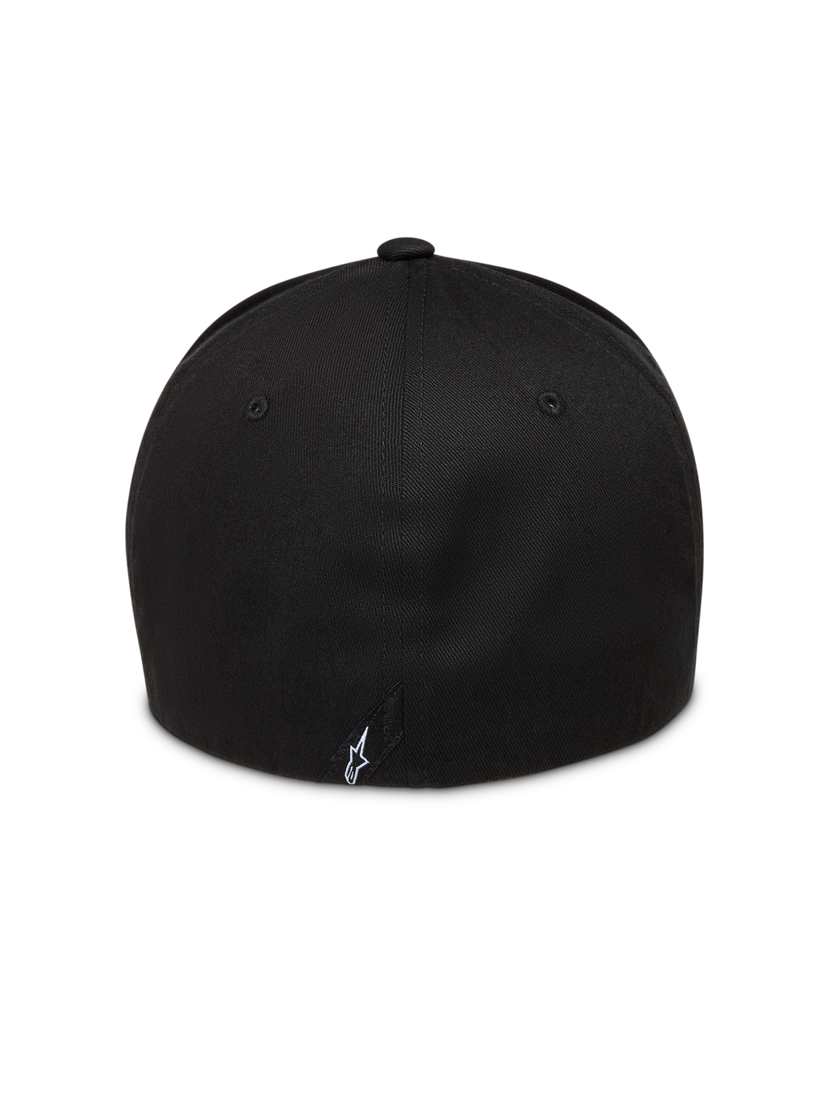 Alpinestars Maze Chapéu, boné de sarja flexível preto, vista traseira com logótipo Astars e coroa estruturada, sportswear.