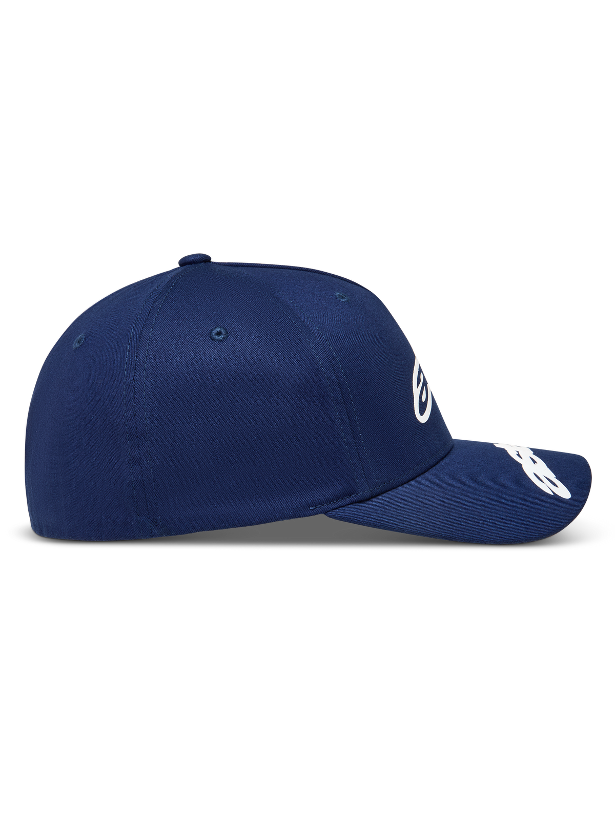 Alpinestars Arclight Chapéu, boné de sarja azul-marinho com aba curva e coroa estruturada, perfil lateral.