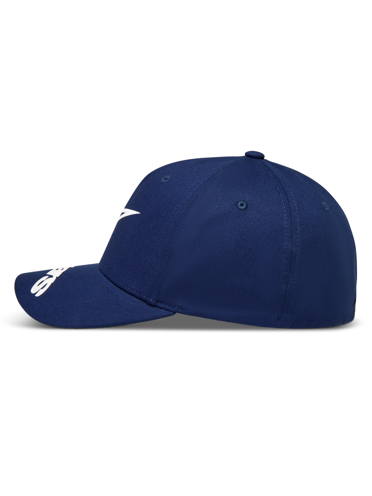 Alpinestars Arclight Chapéu, boné azul-marinho, perfil lateral com logótipo Astars branco e aba curva.