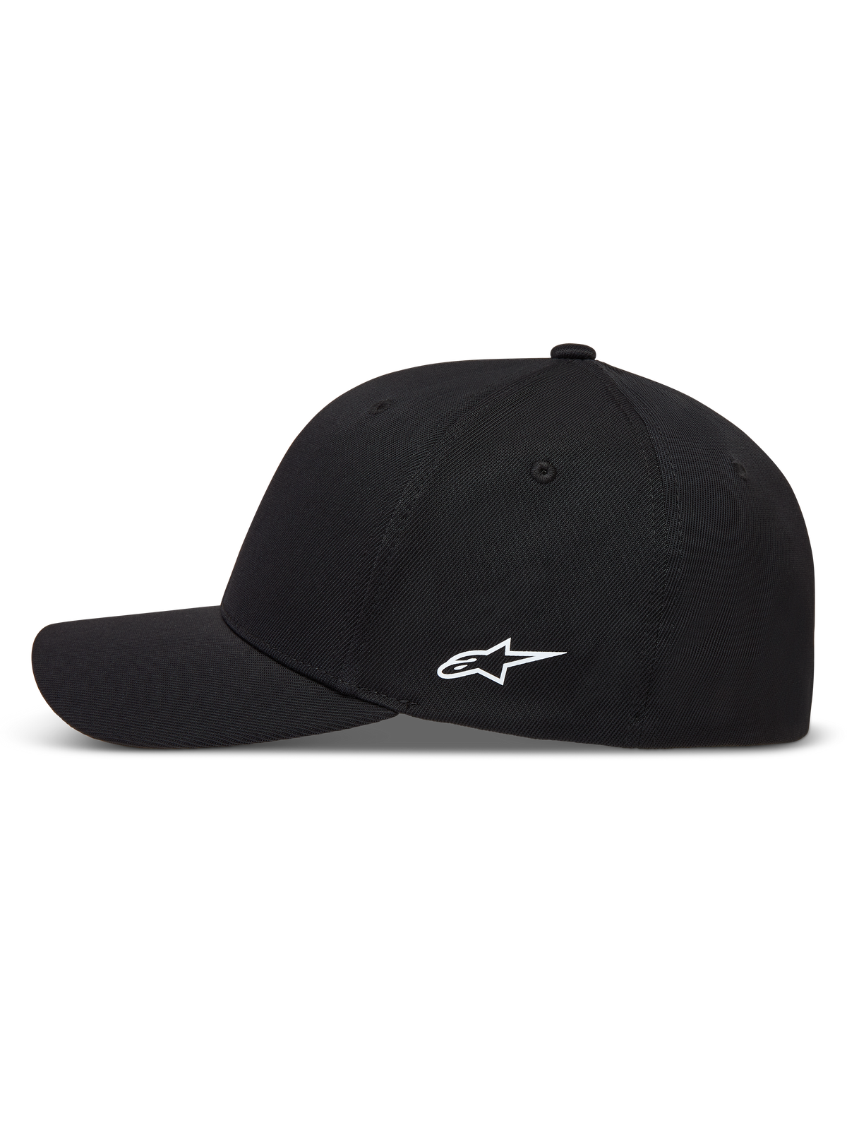Alpinestars Points Chapéu, boné de basebol preto em nylon tactel com logótipo lateral Astars branco e aba curva, sportswear.