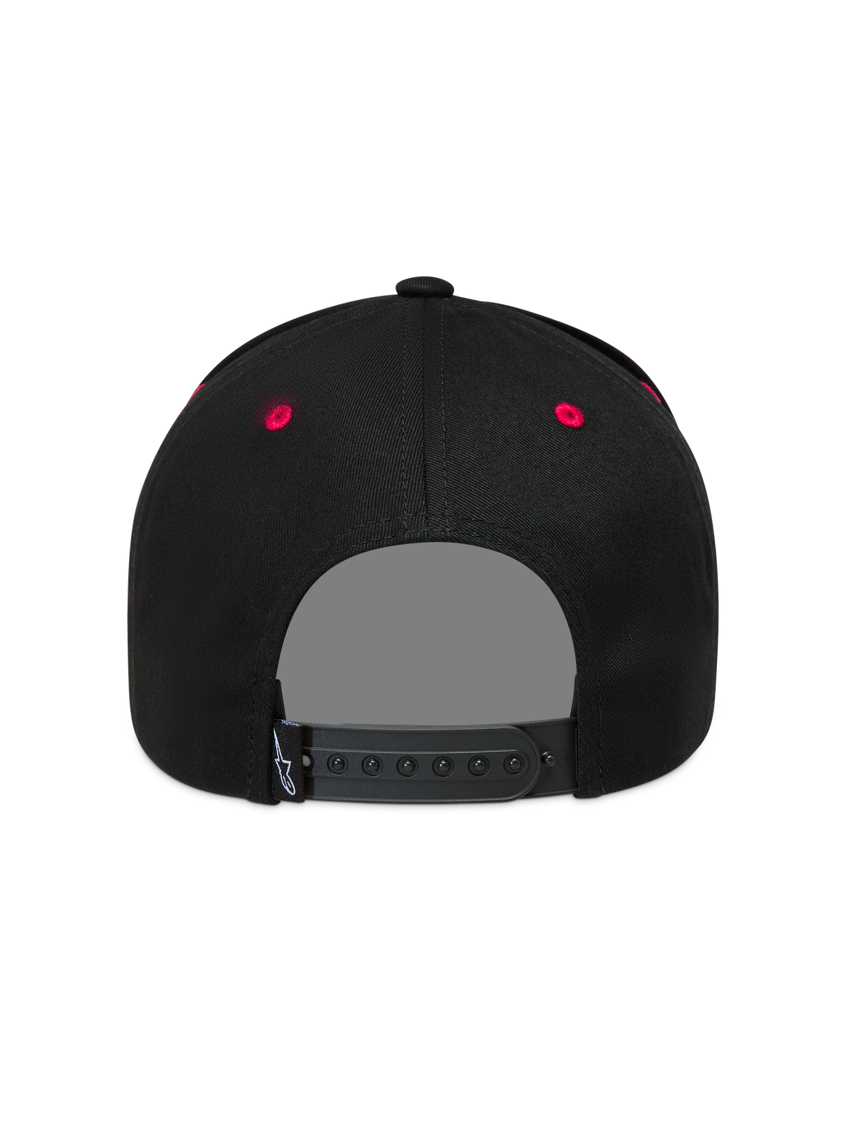 Alpinestars Retro Snapback Chapéu, boné preto e vermelho, vista traseira com fecho snapback ajustável e ilhós vermelhos.