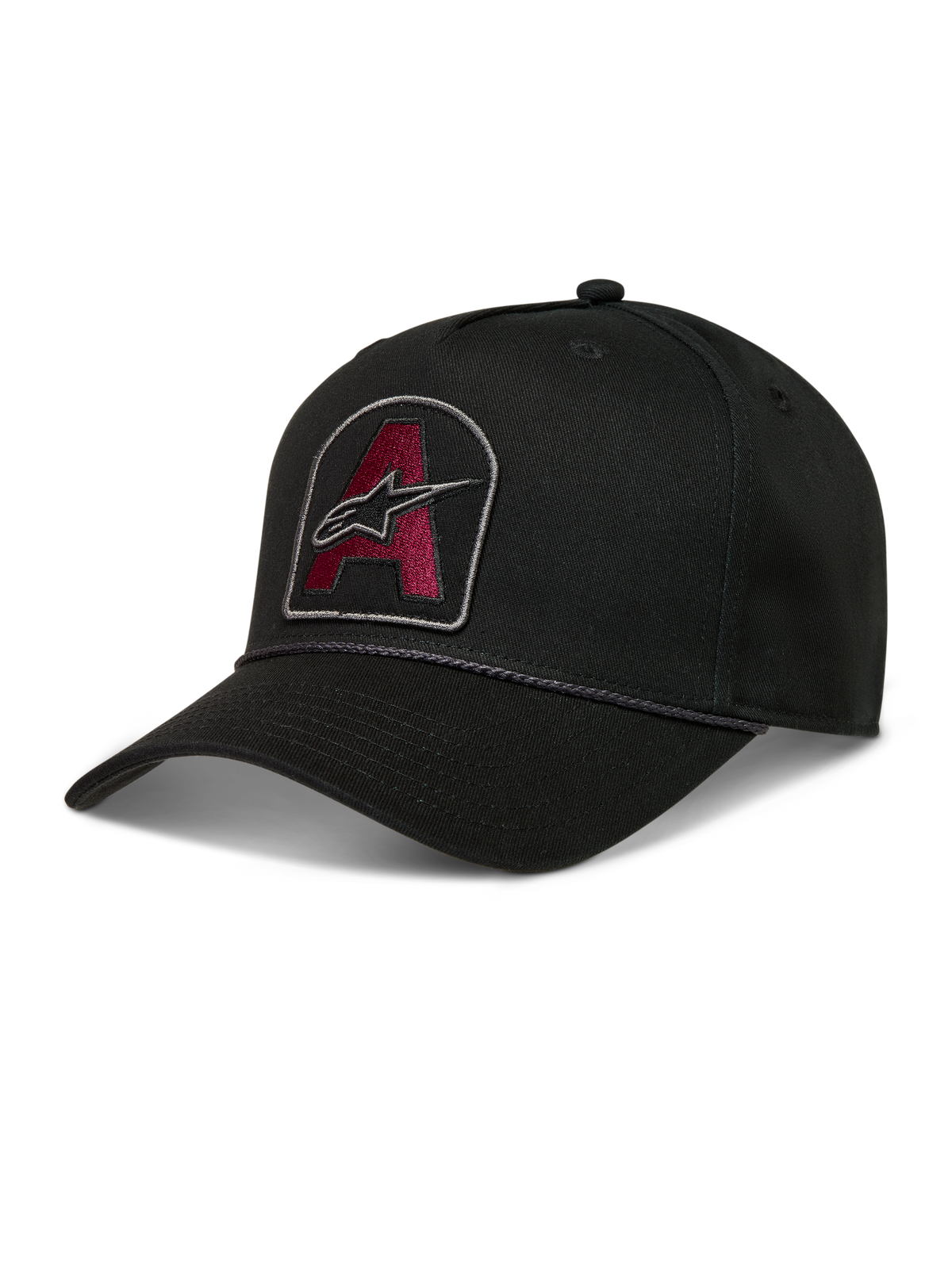 Alpinestars Acme Snapback, boné de sarja preto com patch bordado bordô, aba curva e acabamento em corda.
