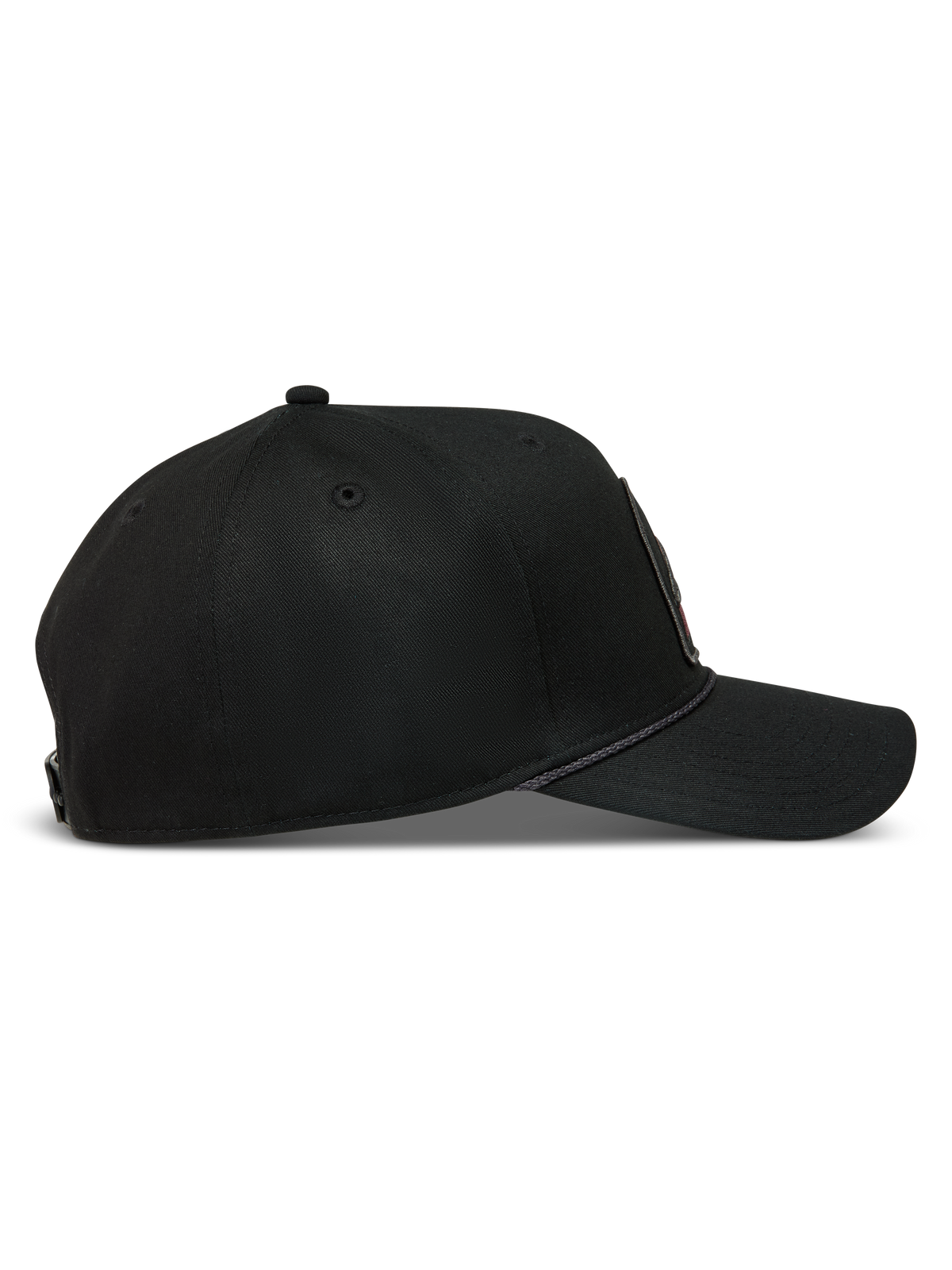 Alpinestars Acme Snapback, boné de sarja preto com aba curva, coroa estruturada e acabamento em corda.