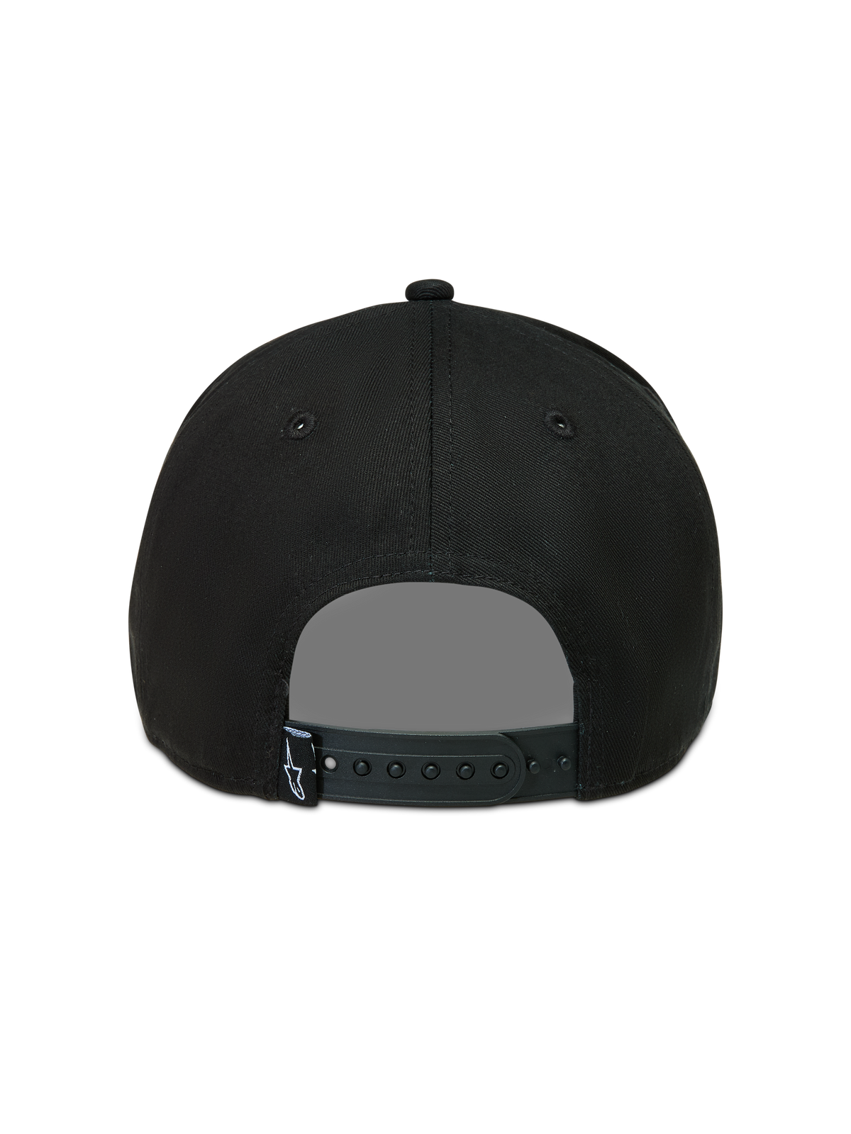 Alpinestars Acme Snapback, boné de sportswear, preto, vista traseira com fecho ajustável e etiqueta com logótipo.