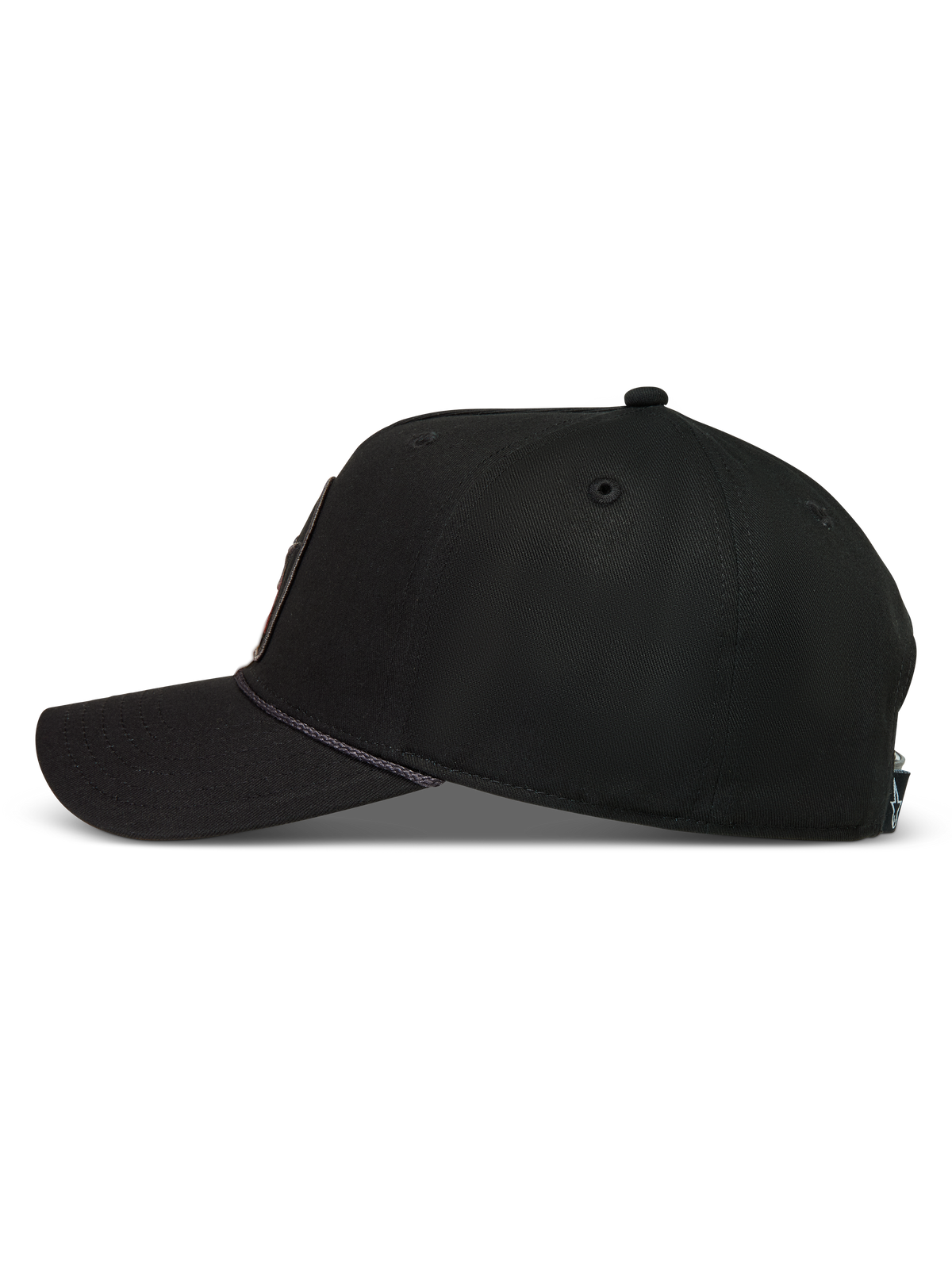Alpinestars Acme Snapback Chapéu, boné preto com aba curva, coroa estruturada e detalhe de corda, vista lateral.