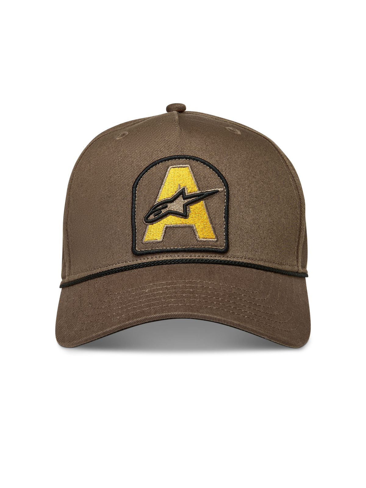 Alpinestars Acme Snapback, boné em sarja castanho com patch de logótipo amarelo e detalhe de corda preta.