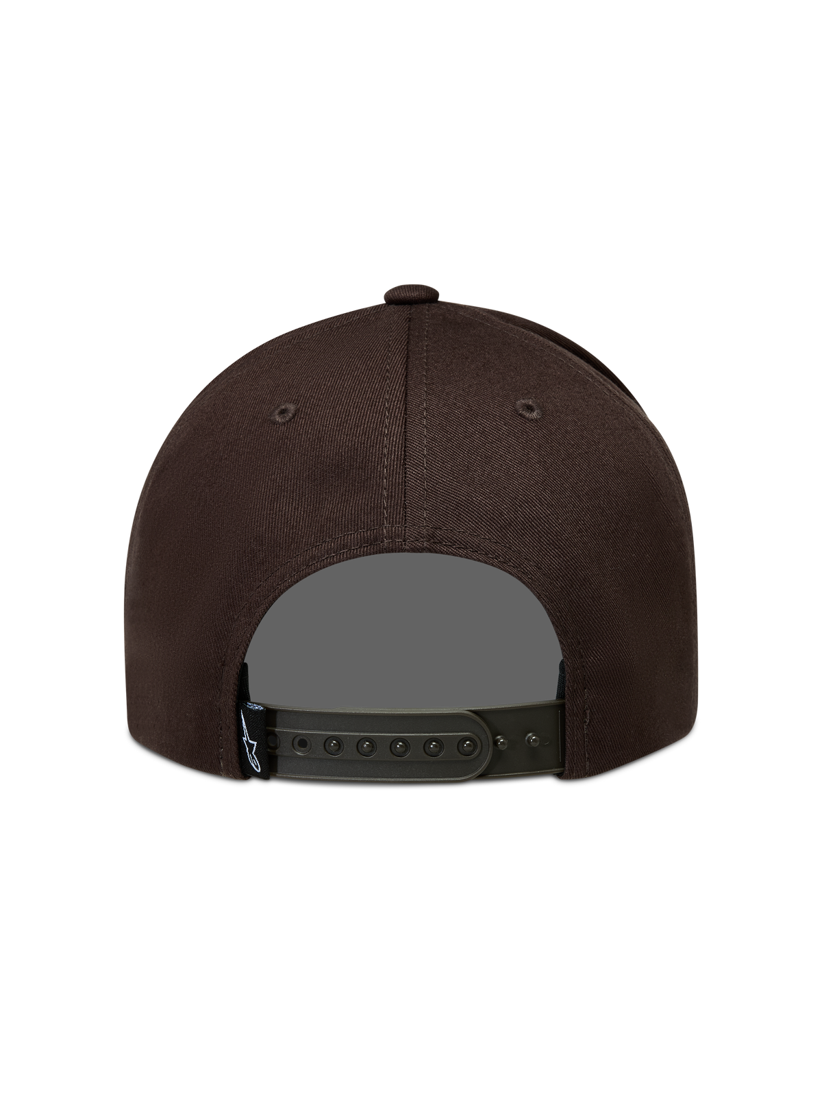 Alpinestars Combo Logo Snapback, boné castanho de sarja com fecho snapback ajustável, vista traseira, estilo sportswear.