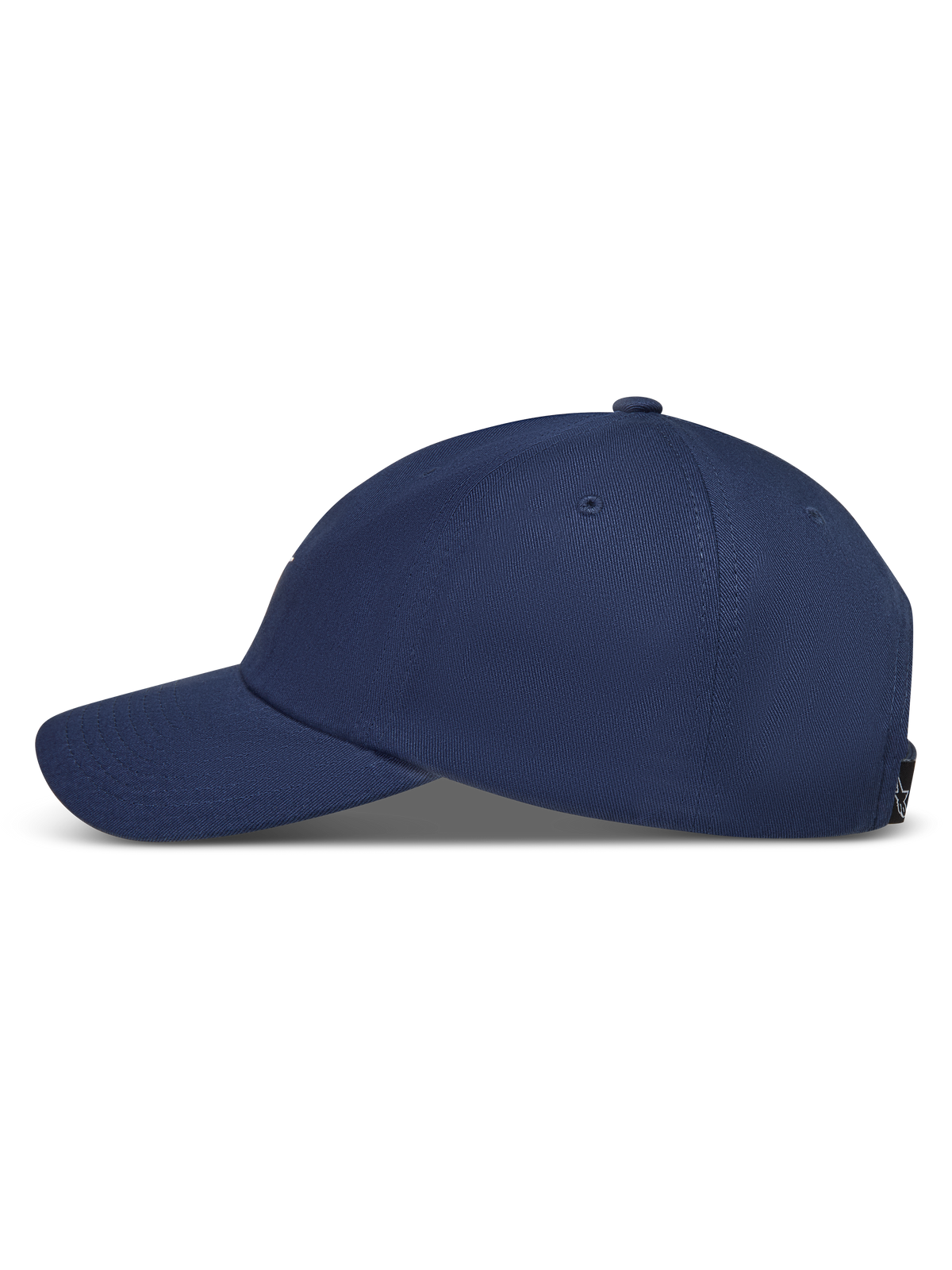 Alpinestars Dylan Dad Chapéu, boné azul marinho casual com aba curva e coroa não estruturada, vista lateral.