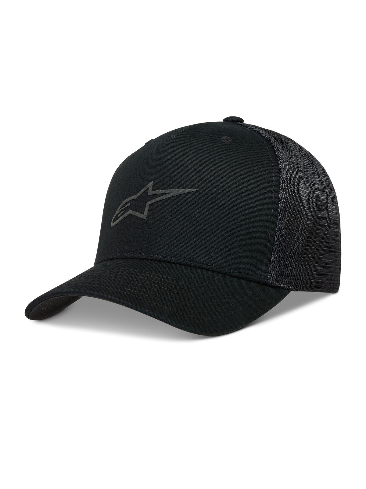Alpinestars Augment boné trucker, preto com aba curva, frente em sarja e malha diamante atrás, logótipo Astars em relevo, sportswear.