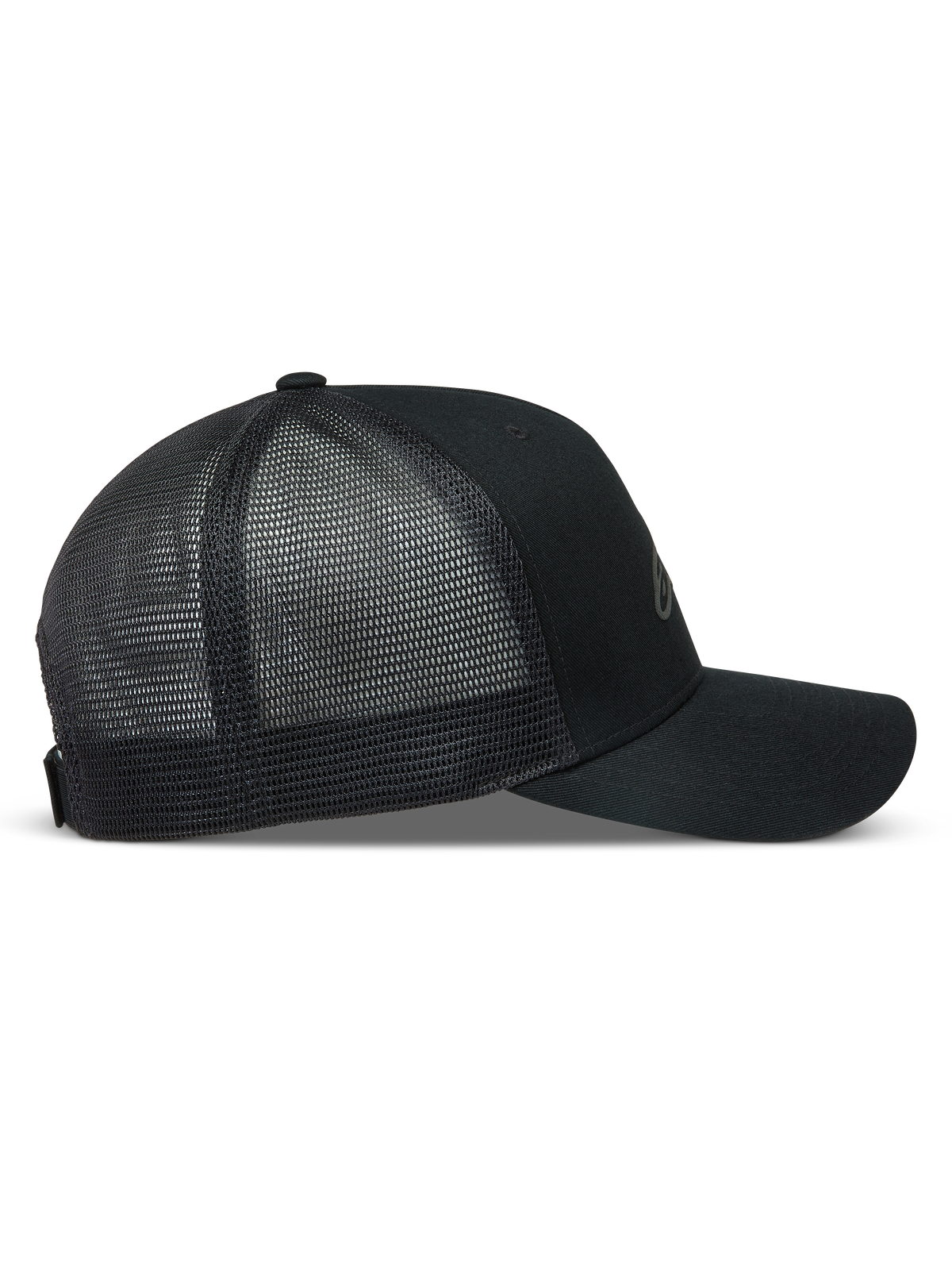 Alpinestars Augment, boné trucker preto com aba curva, coroa estruturada e malha de diamante atrás.