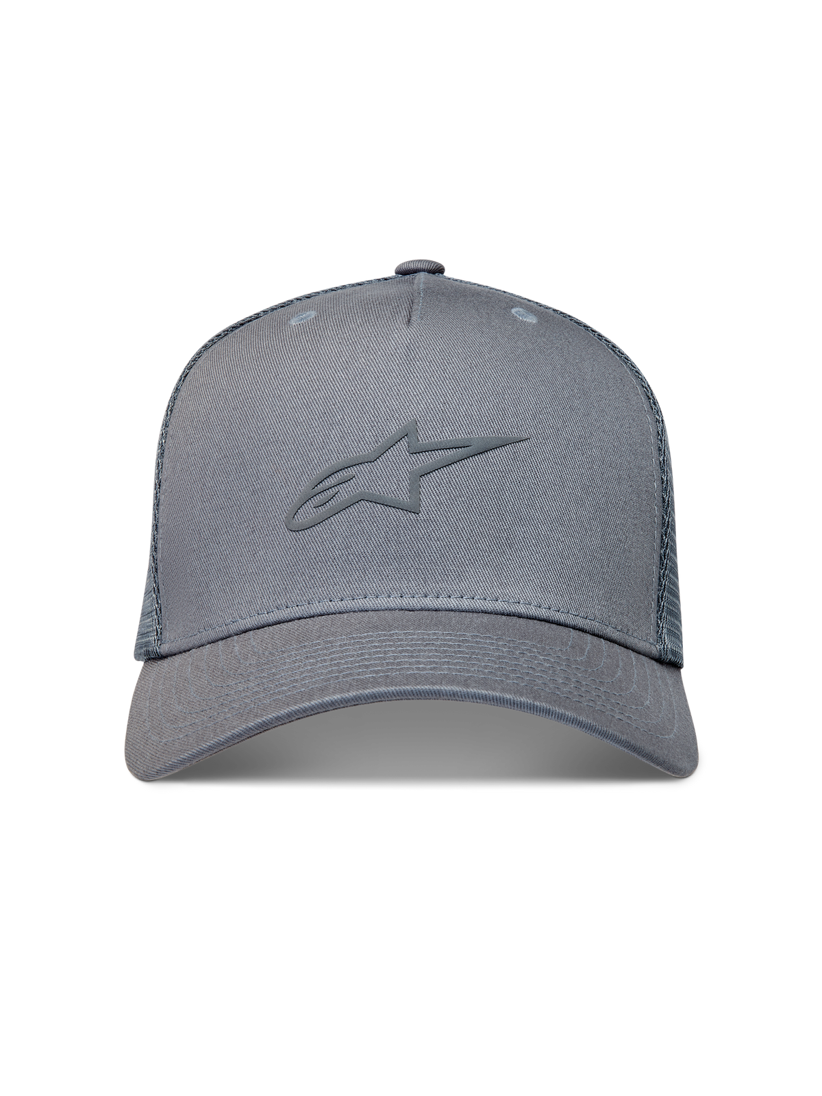 Alpinestars Augment, boné trucker cinzento com logótipo Astars em relevo, aba curva e malha de diamante traseira