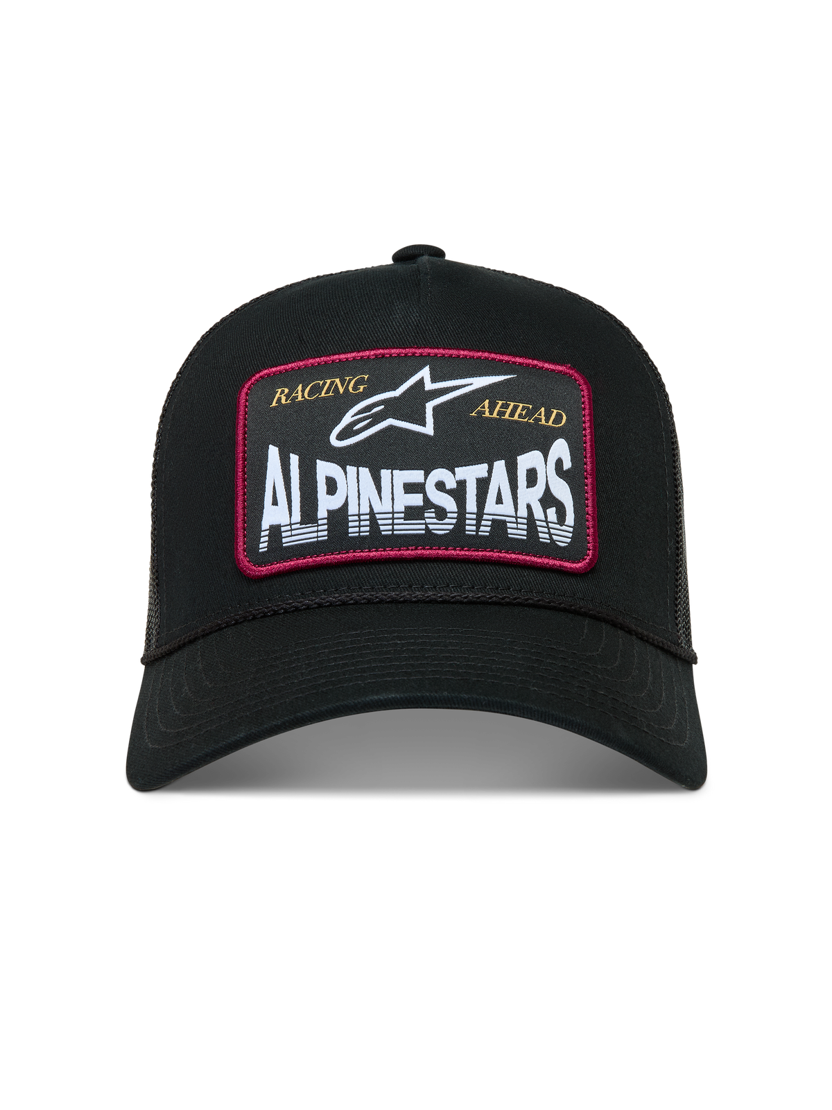 Alpinestars Hemmings boné trucker, boné preto com patch de logótipo branco, bordas vermelhas e malha traseira respirável.