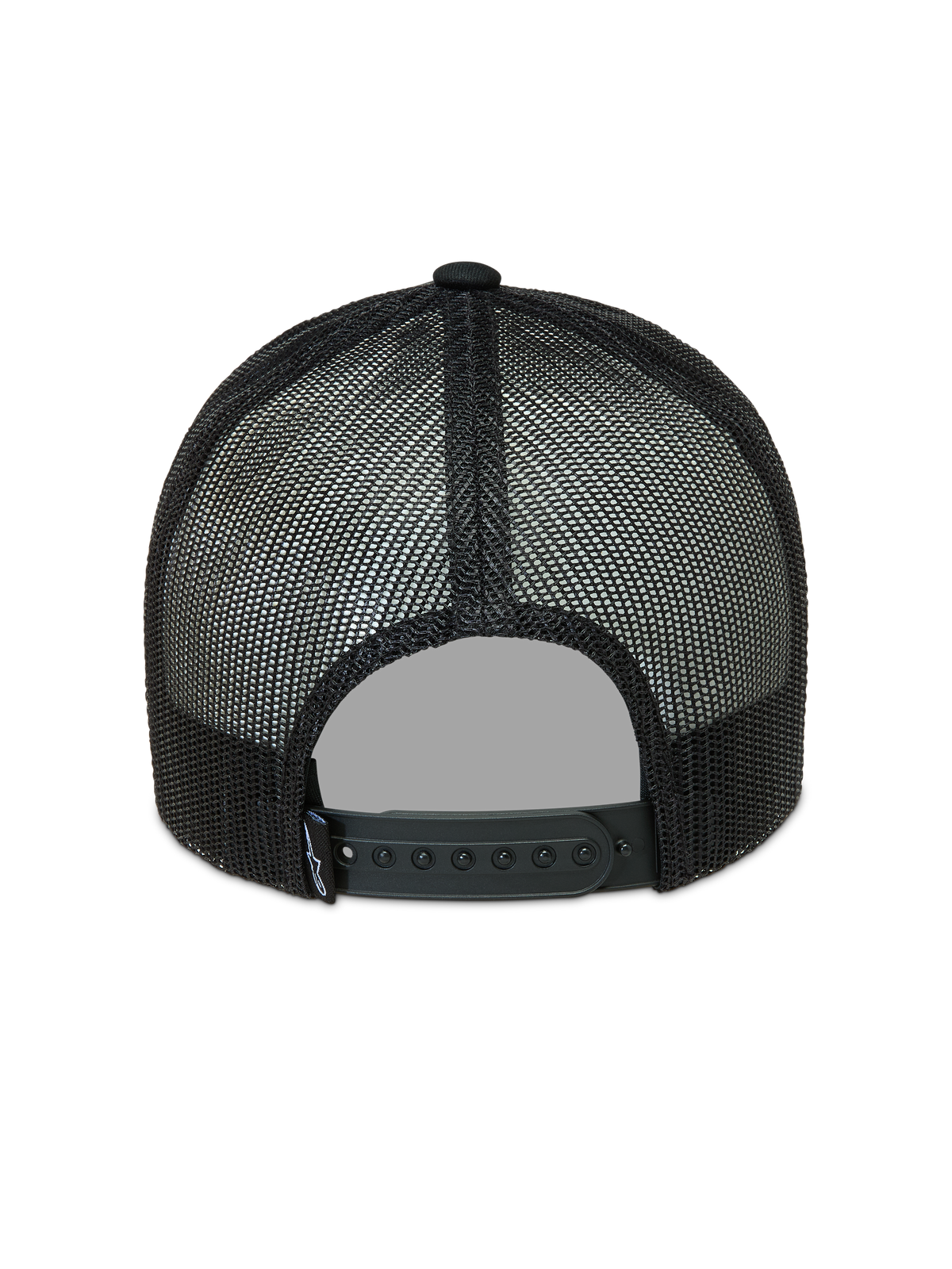 Alpinestars Hemmings boné trucker, vista traseira com painéis de malha e fecho de pressão ajustável, preto.