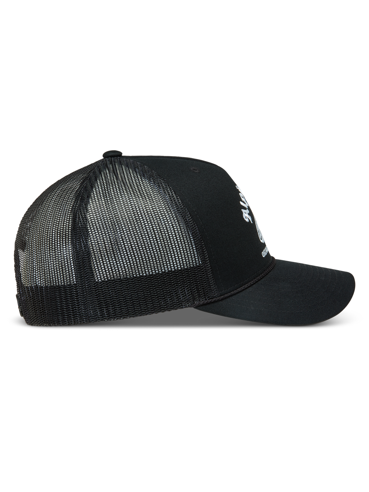 Alpinestars Baron Boné Trucker, boné snapback preto com logótipo branco, vista lateral, aba curva e malha de poliéster.