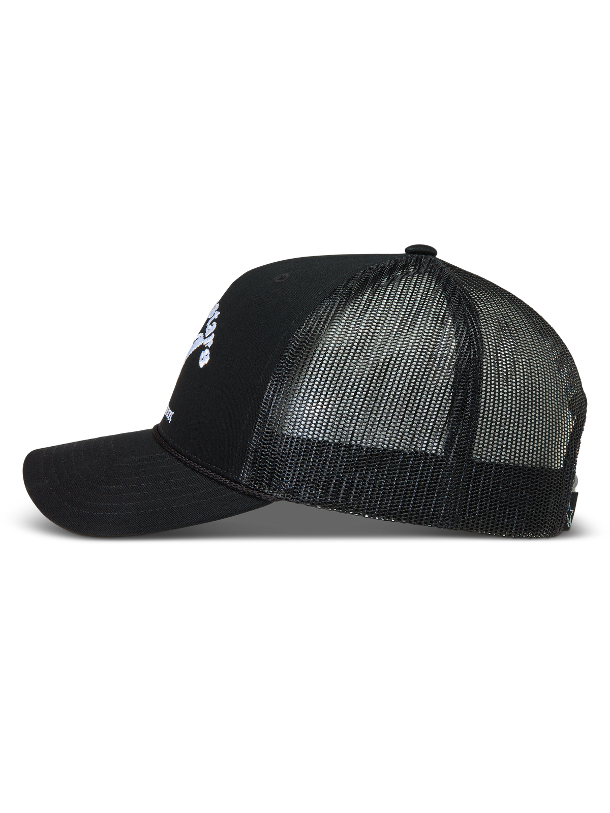 Alpinestars Baron, boné trucker preto de sportswear, com aba curva, malha respirável e coroa estruturada.