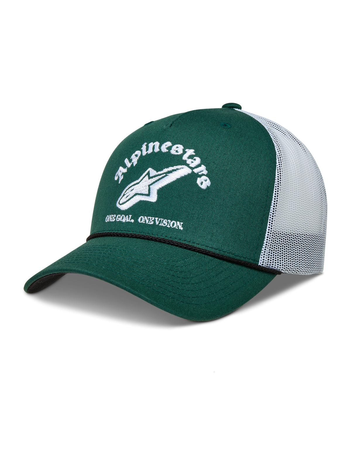 Alpinestars Baron Boné Trucker, boné de sportswear verde e branco com aba curva, parte traseira em malha e logótipo Alpinestars bordado.