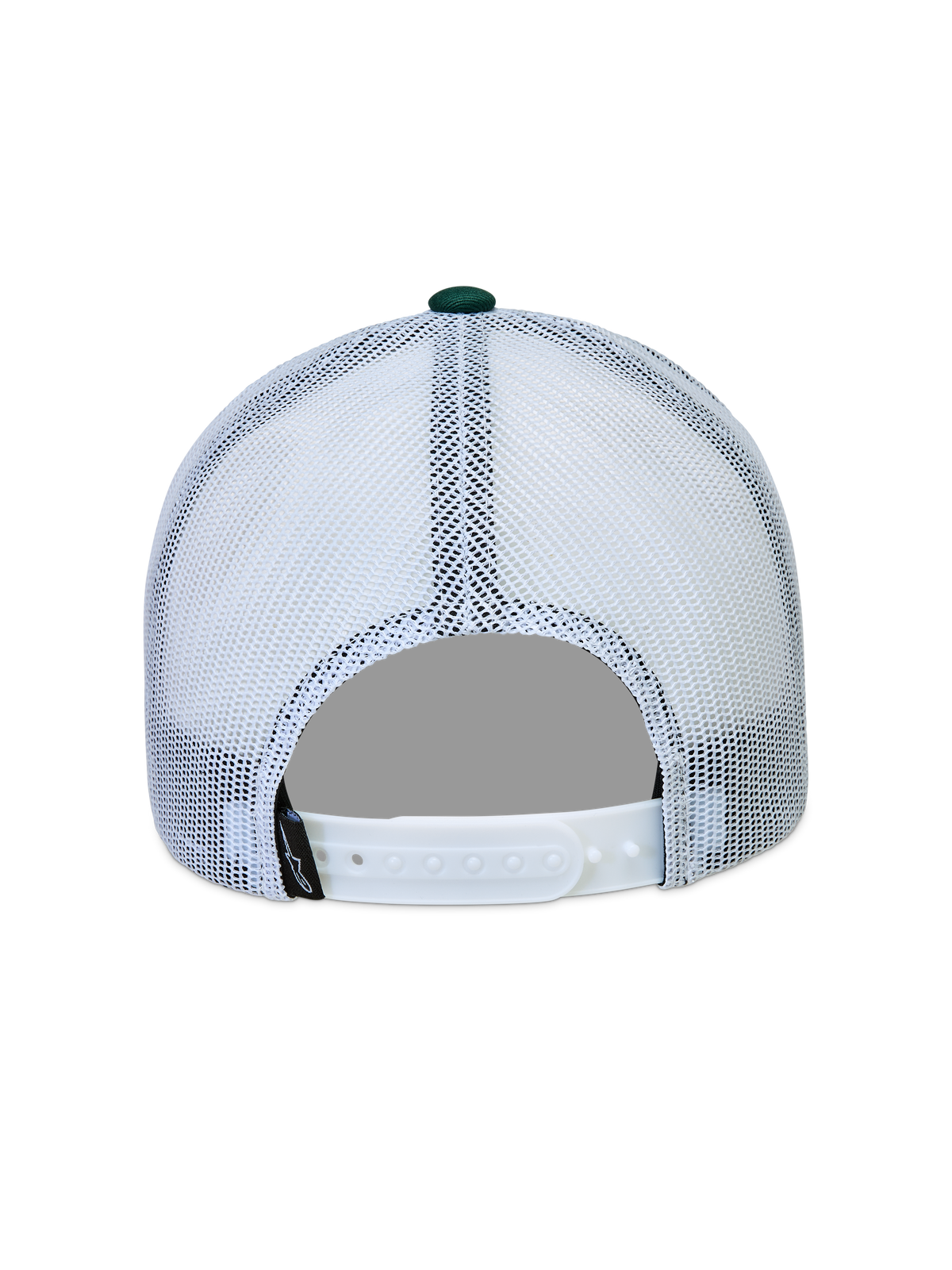 Alpinestars Baron boné trucker, vista traseira com painéis de malha e fecho snapback ajustável, branco e verde.