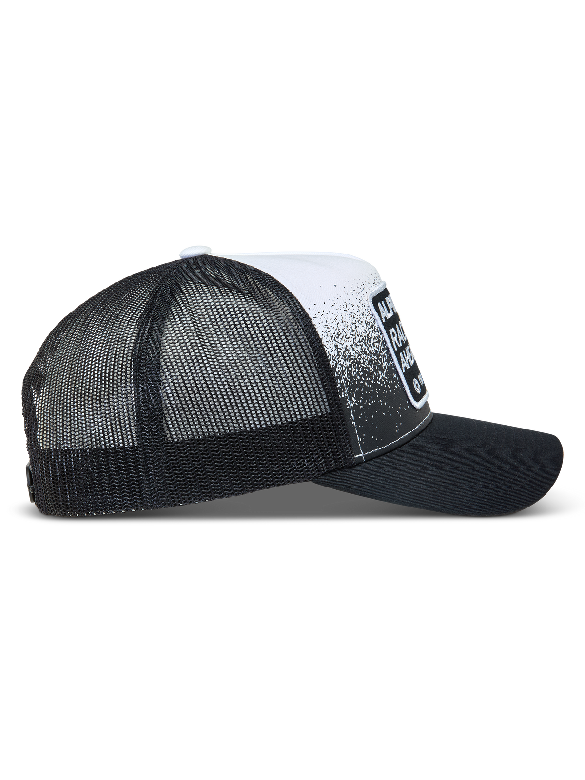 Alpinestars Gravel Boné Trucker, boné de sportswear preto e branco com malha traseira, aba curva e padrão de cascalho.