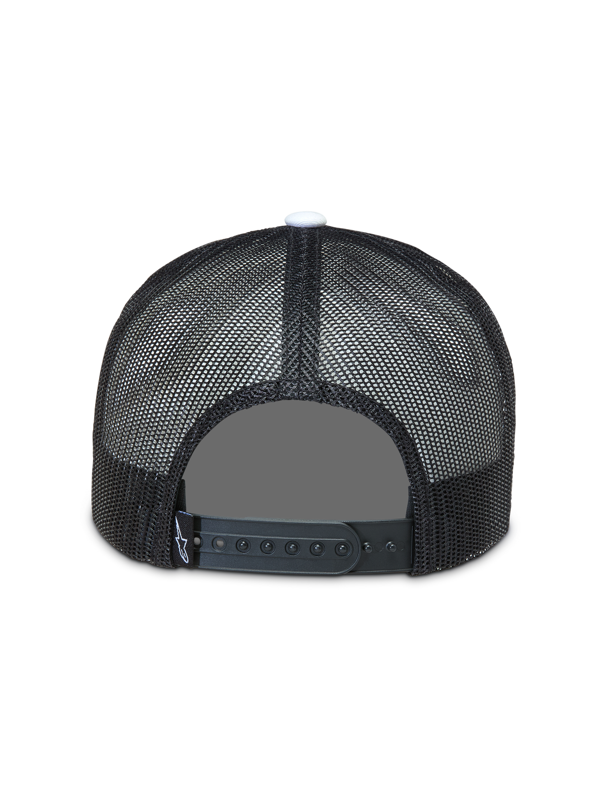 Alpinestars Gravel Boné Trucker, vista traseira com malha respirável preta e fecho snapback ajustável.
