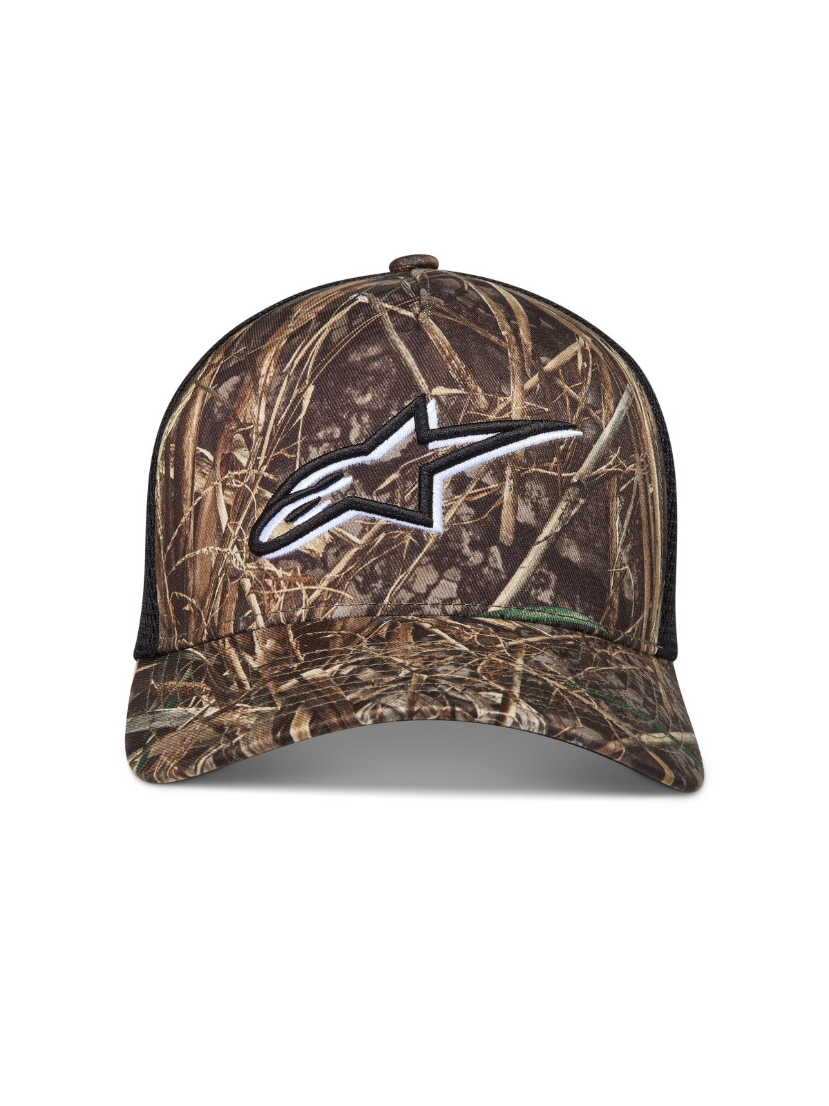 Alpinestars Thicket Realtree boné trucker camuflado e preto com logótipo Astars bordado a branco e malha traseira.