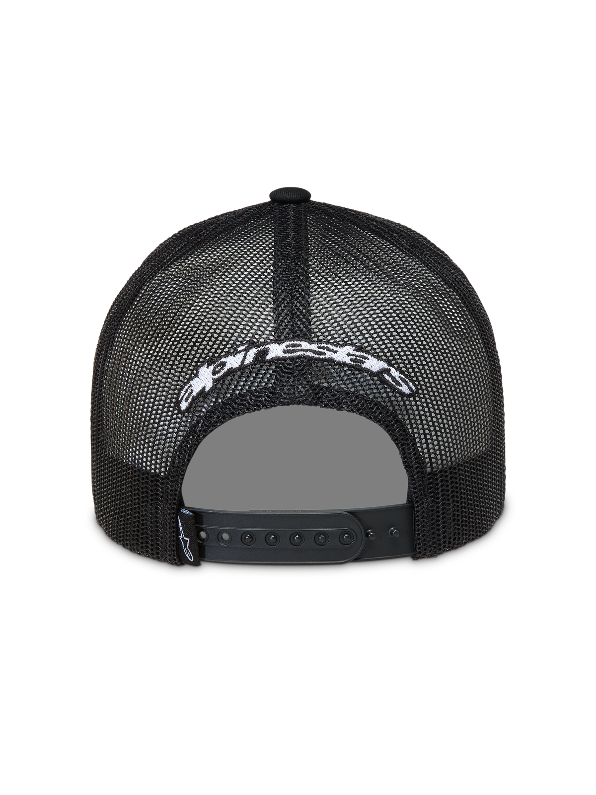 Alpinestars Meteorite boné trucker, vista traseira em malha de poliéster preta, logótipo bordado branco e fecho snapback.
