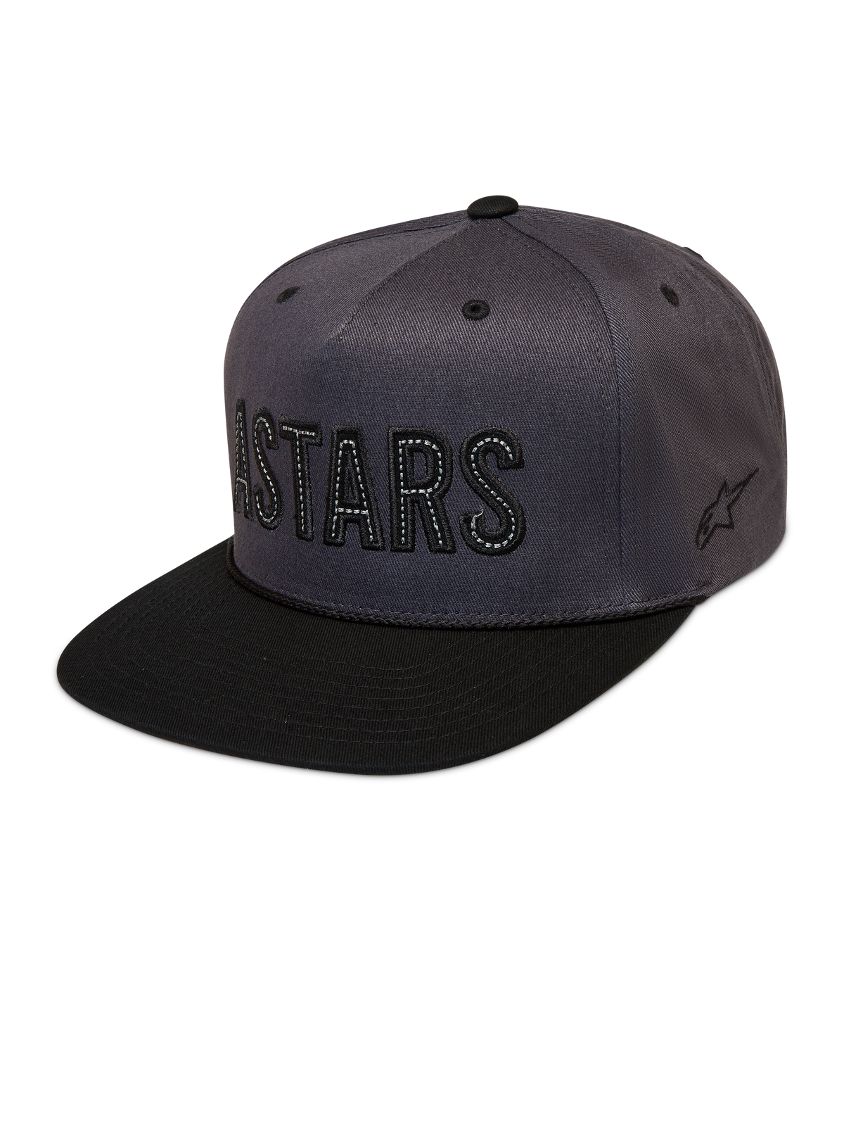 Alpinestars Stadium Snapback Chapéu, boné de aba plana cinzento escuro e preto com logótipo Astars e coroa estruturada.
