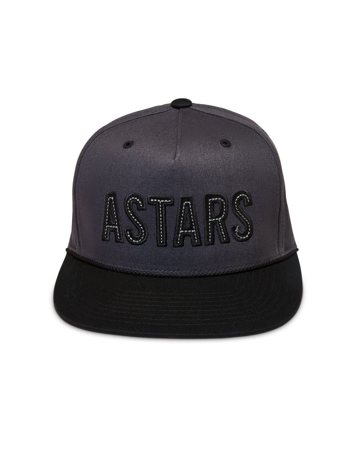 Alpinestars Stadium Snapback, boné sportswear cinzento e preto com coroa estruturada, aba plana e logótipo Astars bordado com costura contrastante.
