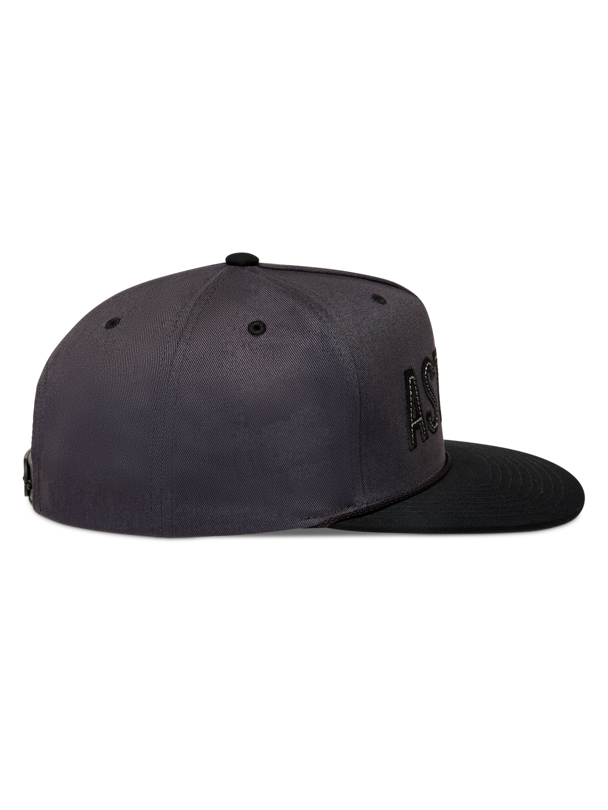 Alpinestars Stadium Snapback, boné de sportswear cinzento escuro e preto com aba plana e coroa estruturada, vista lateral.