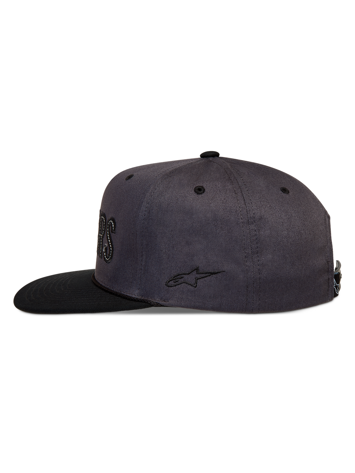 Alpinestars Stadium Snapback Chapéu, boné sportswear cinzento escuro e preto com aba plana e bordado lateral.