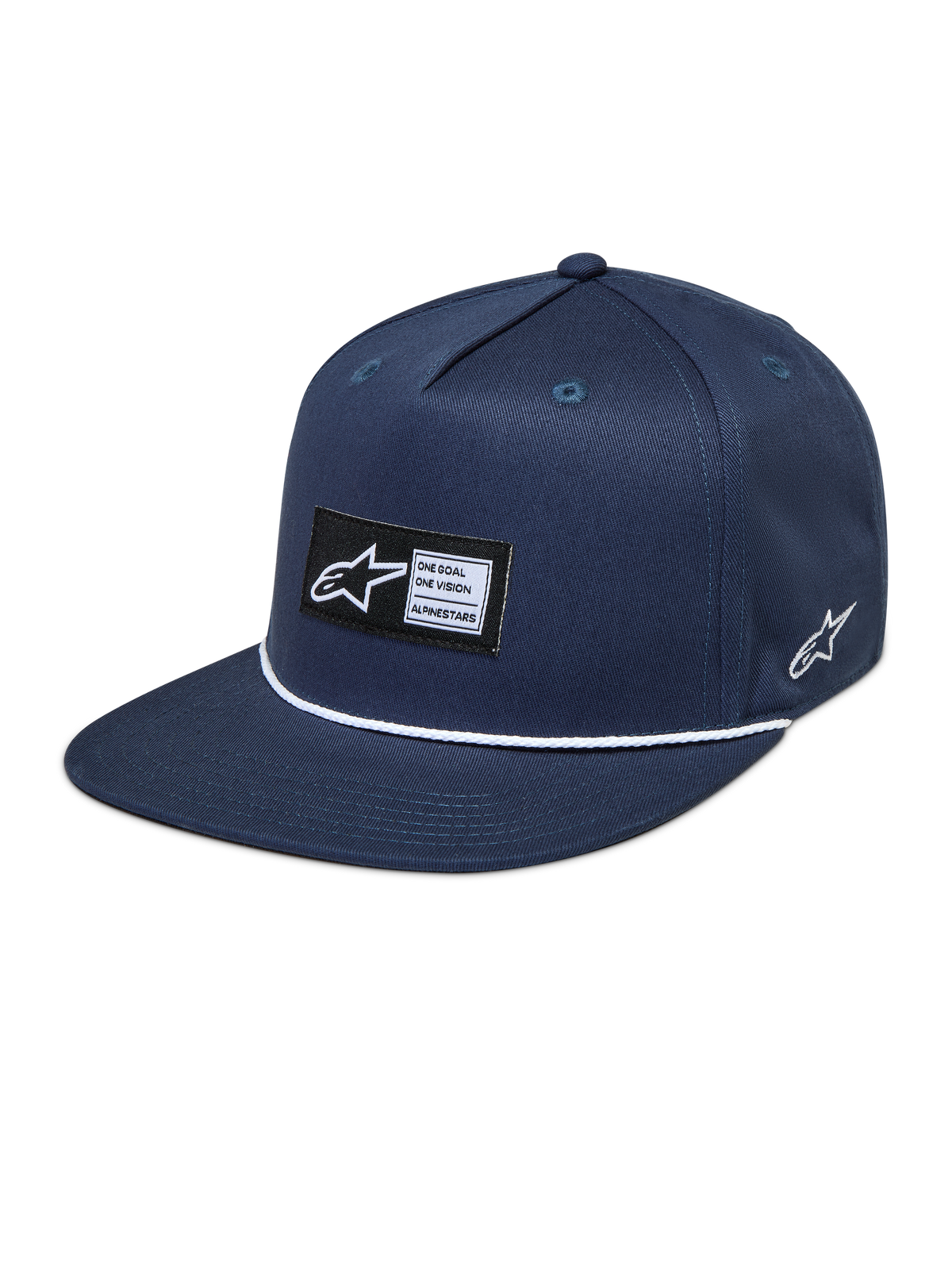 Alpinestars Label Snapback chapéu, boné azul marinho com aba plana, detalhe de corda branca e logótipo Astars tecido.