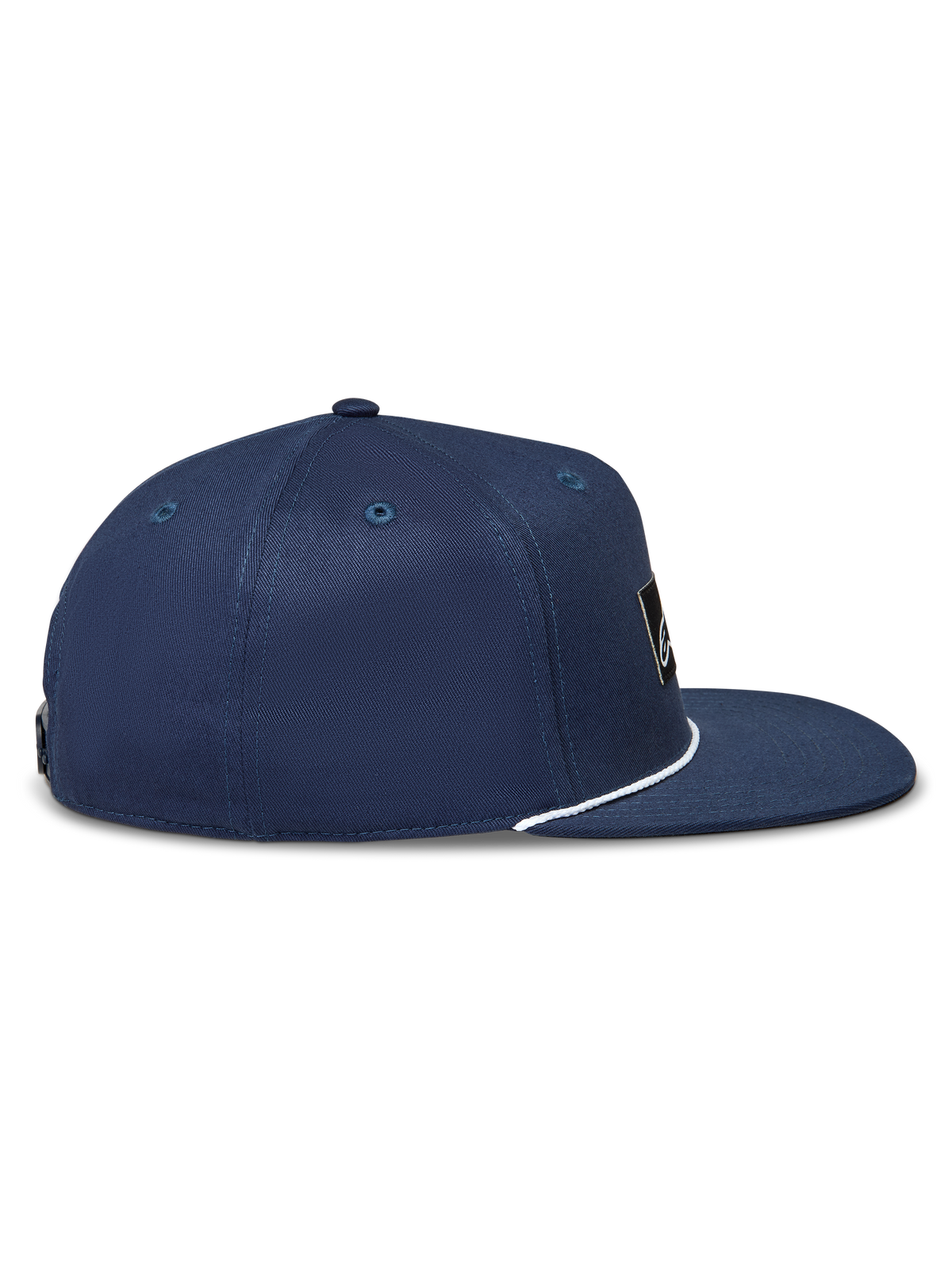 Alpinestars Label Snapback Chapéu, boné de sarja azul marinho com aba plana e detalhe de corda branca, vista lateral.