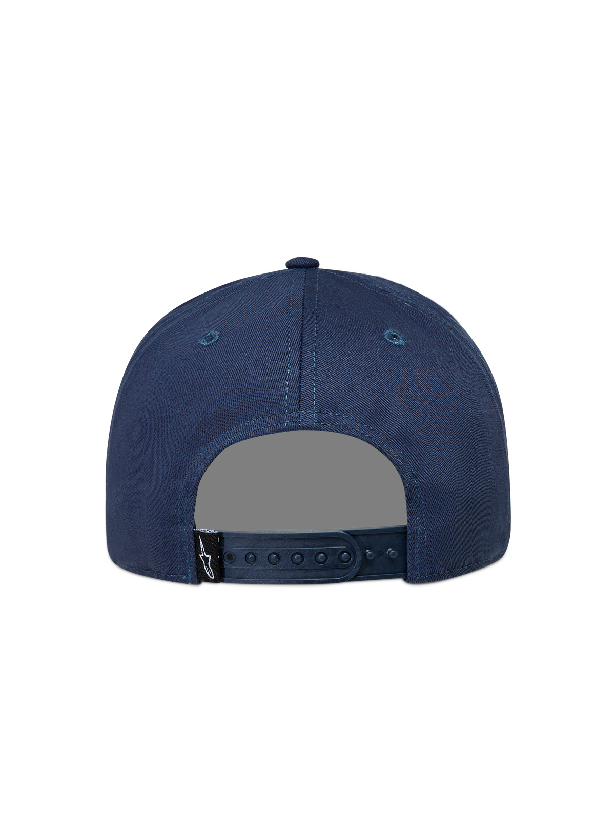 Alpinestars Label Snapback Chapéu, boné de sarja azul, vista traseira com fecho snapback ajustável e etiqueta com logótipo Astars.