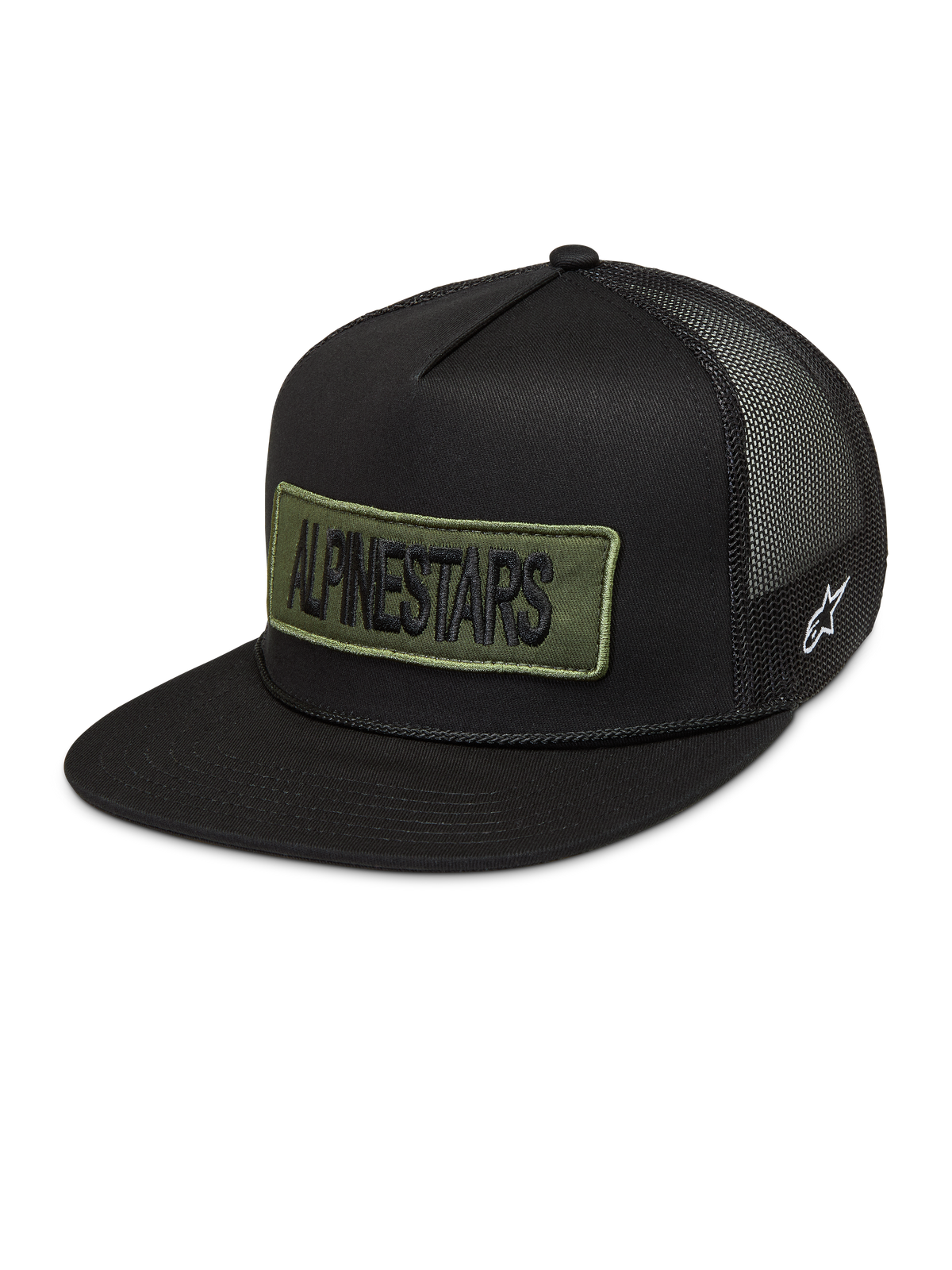 Alpinestars Ten Boné Trucker, boné preto com patch bordado em verde, logótipo lateral branco e rede traseira.
