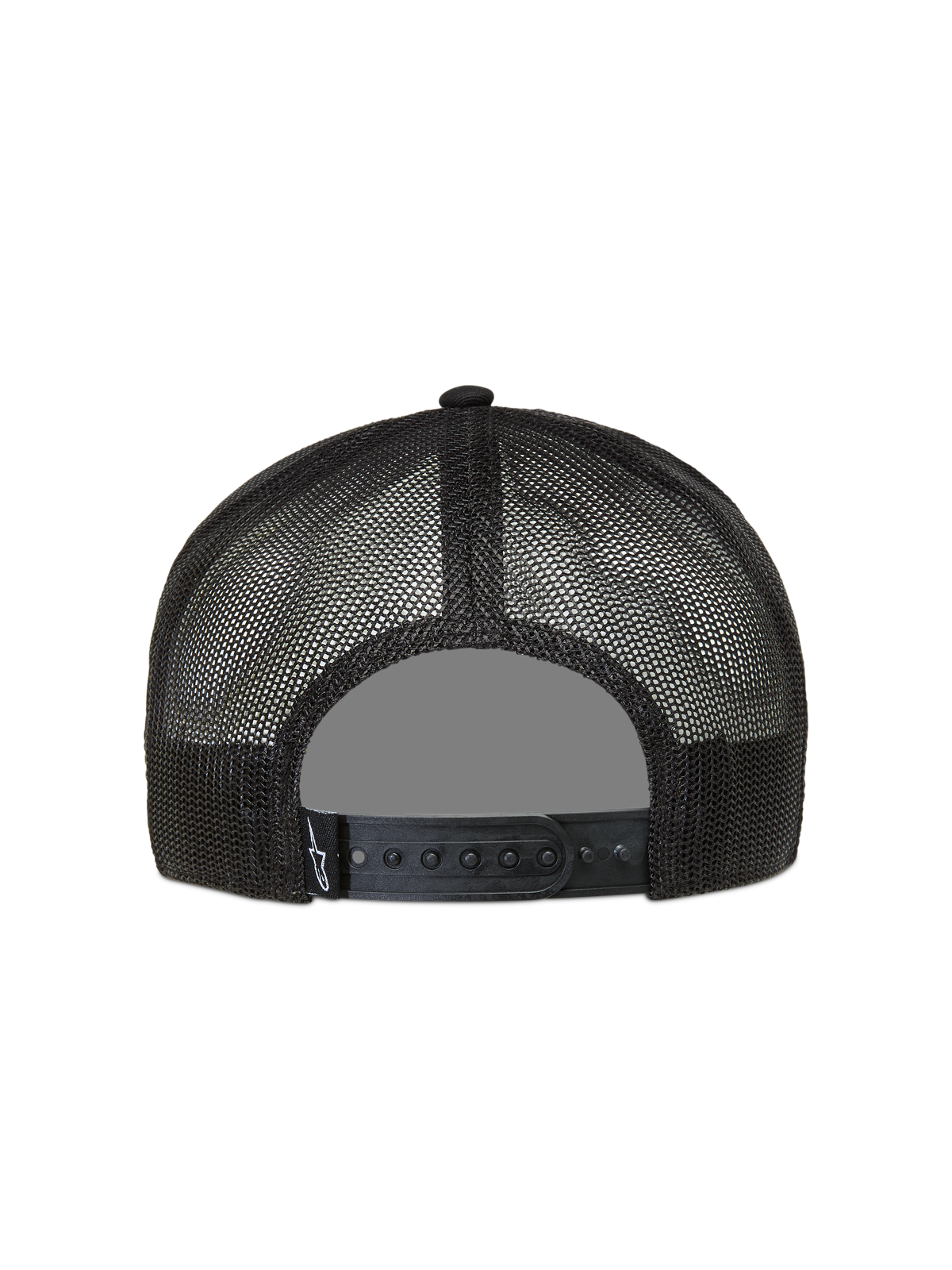Alpinestars Ten Boné Trucker, boné desportivo preto, vista traseira com malha respirável e fecho snapback ajustável.