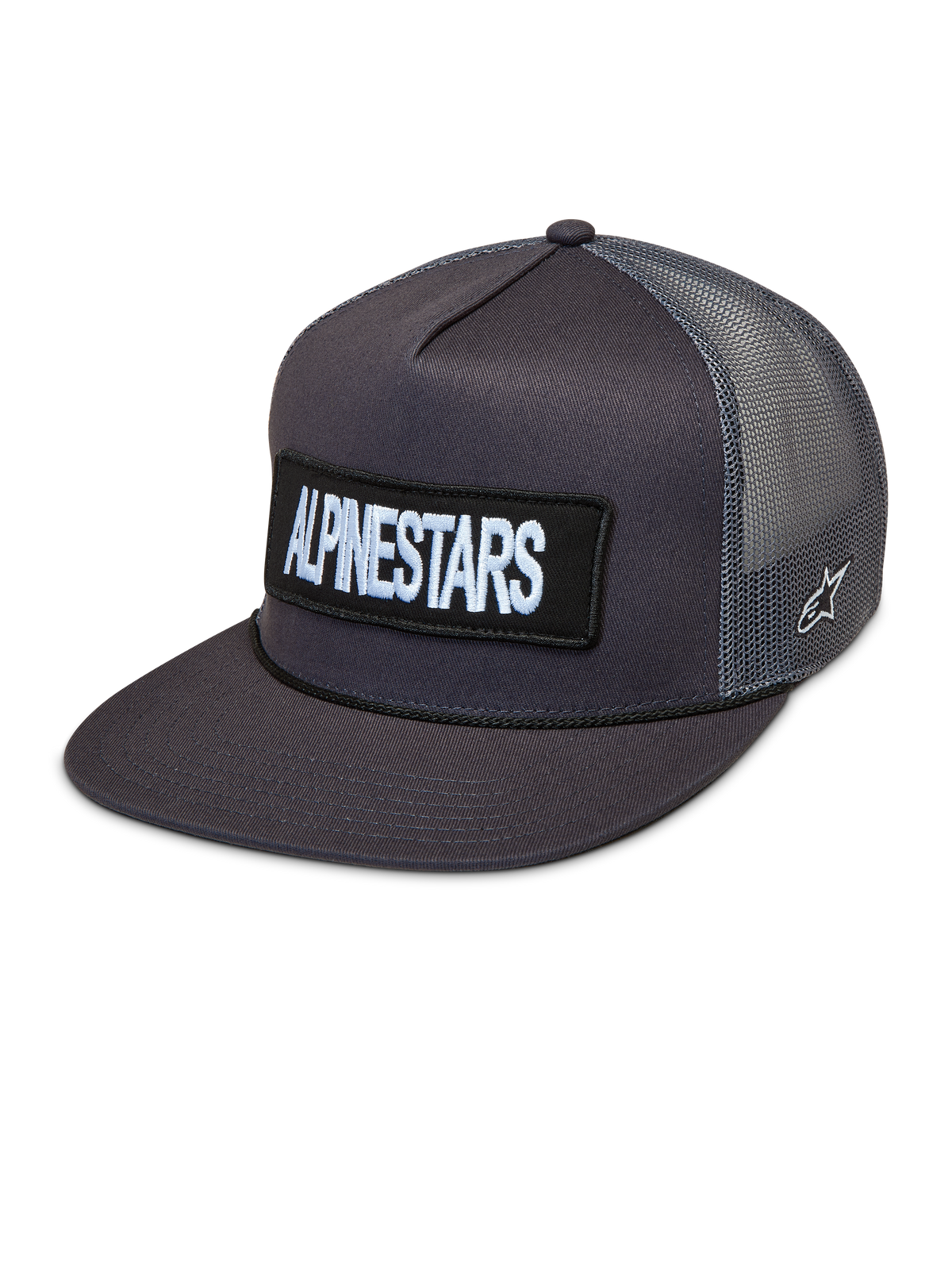 Alpinestars Ten boné trucker cinzento escuro com aba plana, patch frontal bordado e malha traseira respirável.