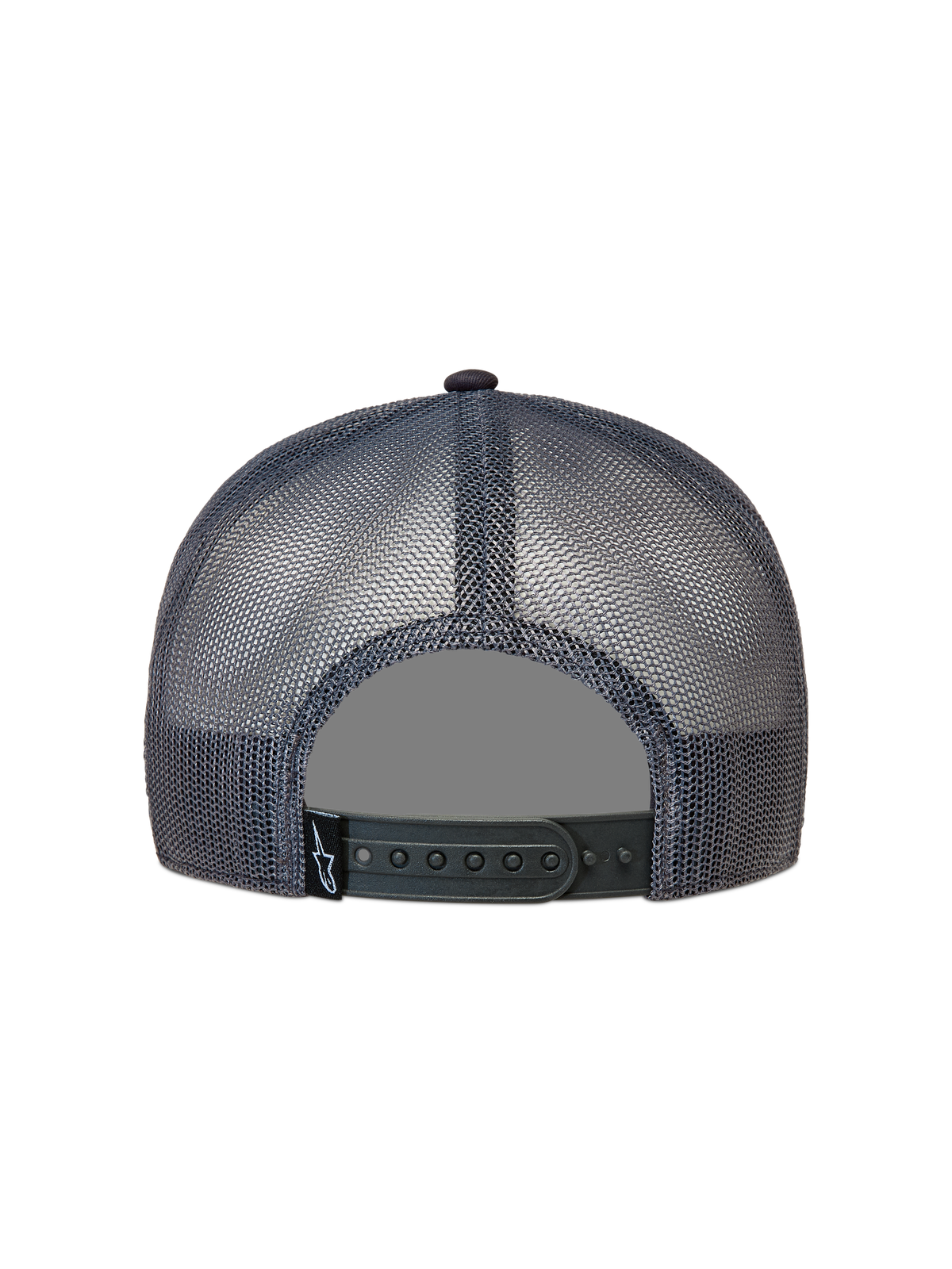 Alpinestars Ten Boné trucker, vista traseira cinzenta escura, malha respirável, fecho snapback e etiqueta Astars.