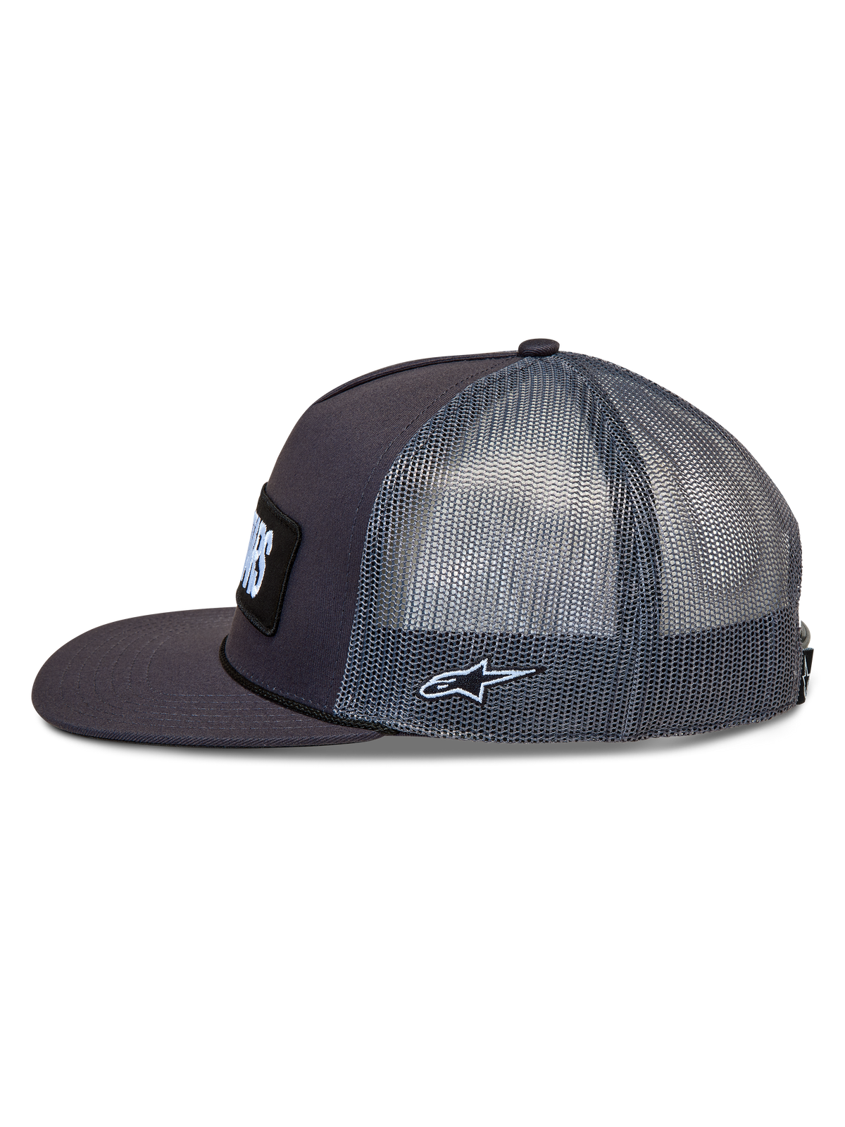 Alpinestars Ten Boné trucker cinzento escuro, painéis de malha laterais, aba plana e logótipo Astars bordado lateral.