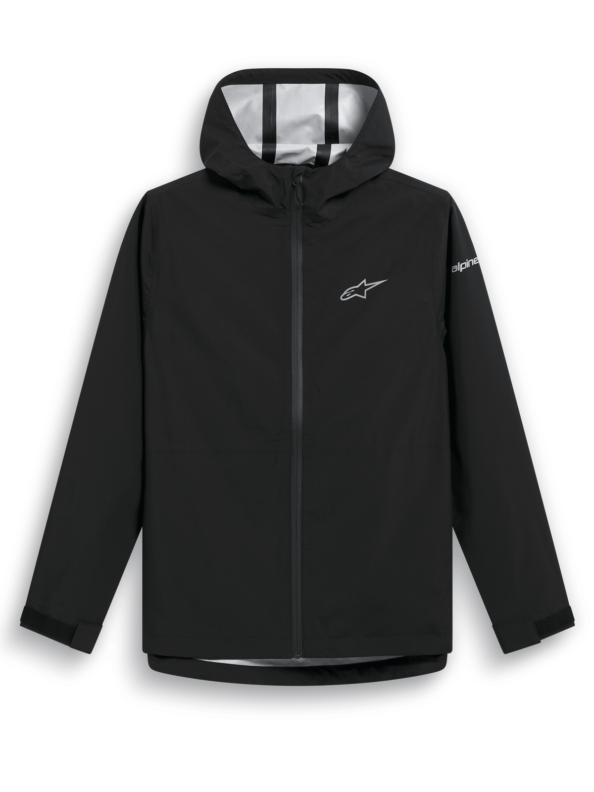 Casaco Impermeável Alpinestars Kascade, casaco impermeável preto, tecido resistente à água 2.5L com costuras seladas, capuz fixo, fecho frontal com zíper invertido revestido, abas de Velcro nos punhos, logótipo de estrela da Alpinestars branco no peito e marca na manga, vestuário casual para tempo chuvoso