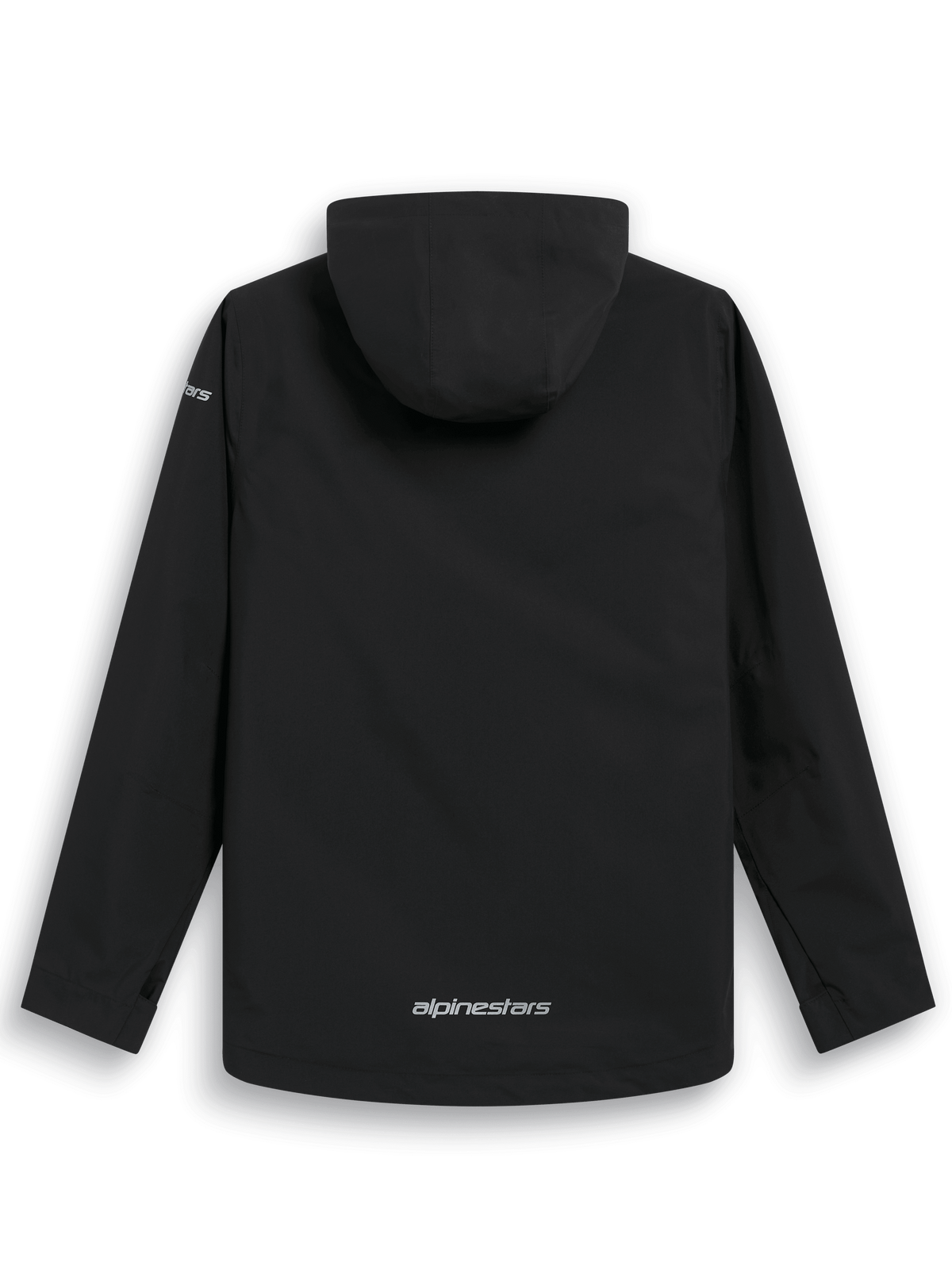 Casaco Impermeável Alpinestars Kascade, vista traseira, exterior preto resistente à água, capuz fixo, logótipo Alpinestars prateado na parte inferior das costas, mangas compridas, design de alta performance inspirado no desporto motorizado
