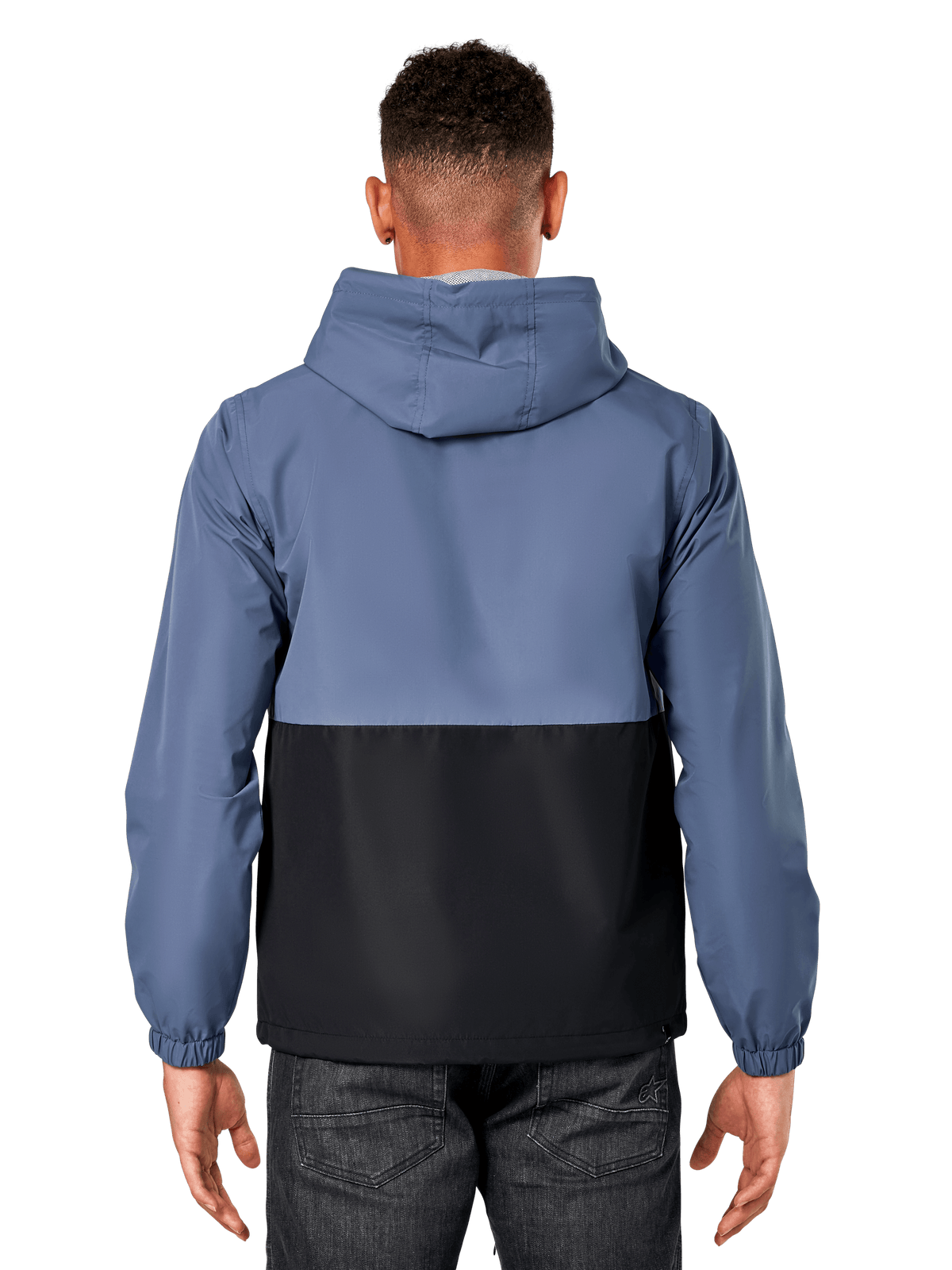 Alpinestars Casaco Corta-Vento Speeder, vista traseira de homem a usar casaco de dois tons azul ardósia e preto, design com blocos de cor, com capuz, vestuário desportivo casual leve com punhos elásticos