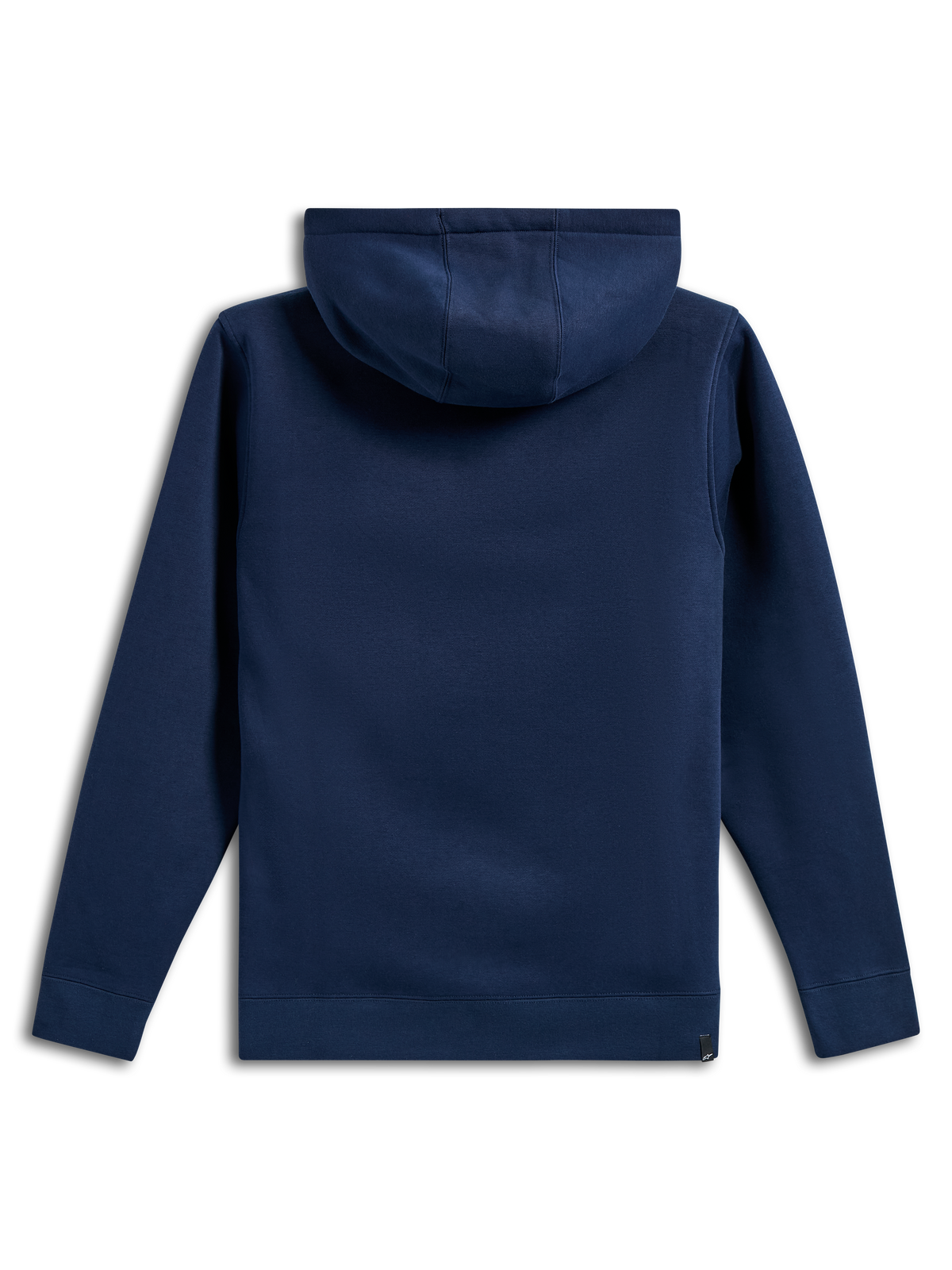 Alpinestars Ride V3 Hoodie, vista traseira de uma camisola com capuz em tecido polar azul marinho, design de cor sólida com punhos e bainha canelados, capuz com forro em jersey, vestuário desportivo casual inspirado no desporto motorizado