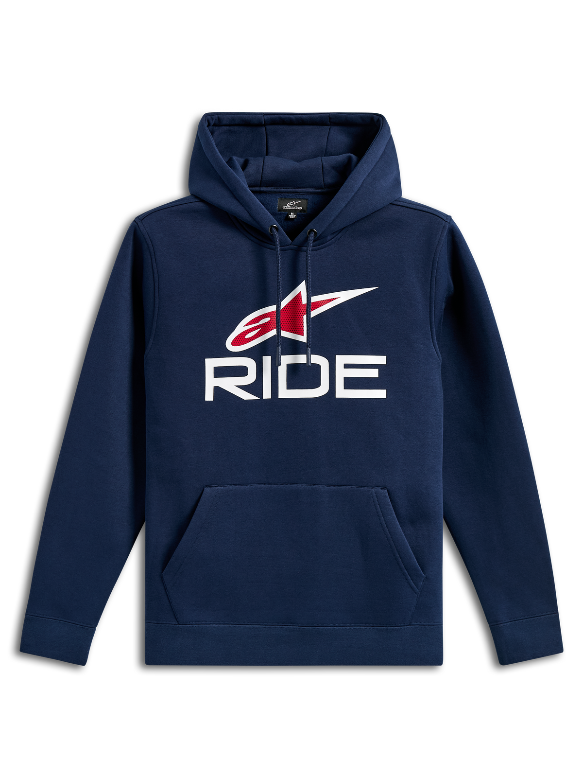 Alpinestars Ride V3 Hoodie, sweatshirt casual em tecido polar azul-marinho, com logótipo RIDE branco e logótipo de estrela Alpinestars vermelho no peito, capuz com cordão, bolso canguru frontal, mangas compridas e punhos canelados.