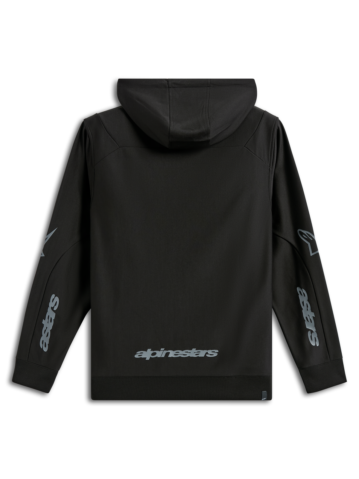 Hoodie Alpinestars Sessions V3, roupa desportiva casual, preto com logótipos cinzentos, vista traseira com a palavra Alpinestars na parte inferior das costas e grafismos Astars nas mangas, fleece de poliéster com capuz e punhos canelados, design moderno inspirado no desporto motorizado