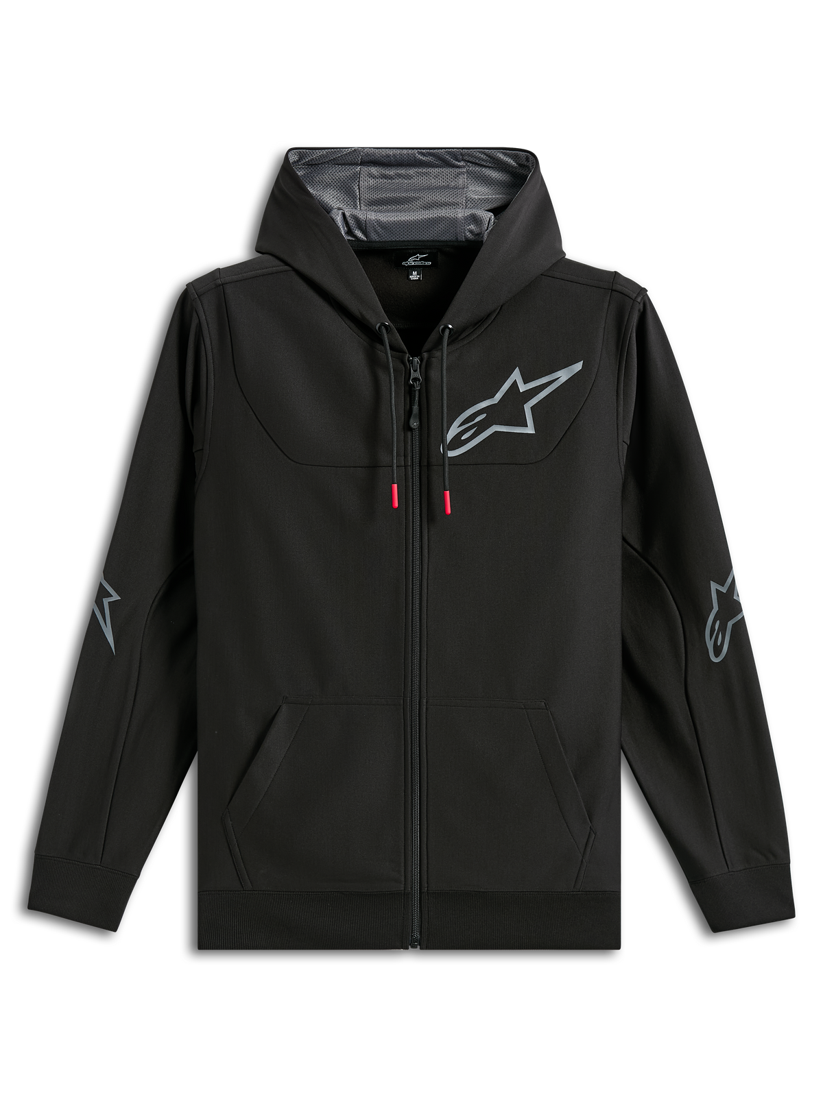 Alpinestars Sessions V3 Hoodie, hoodie em fleece de poliéster preto com fecho integral, logótipo da estrela Alpinestars cinzento no peito e nos cotovelos, cordões com pontas vermelhas, capuz forrado a malha, streetwear casual de desporto motorizado