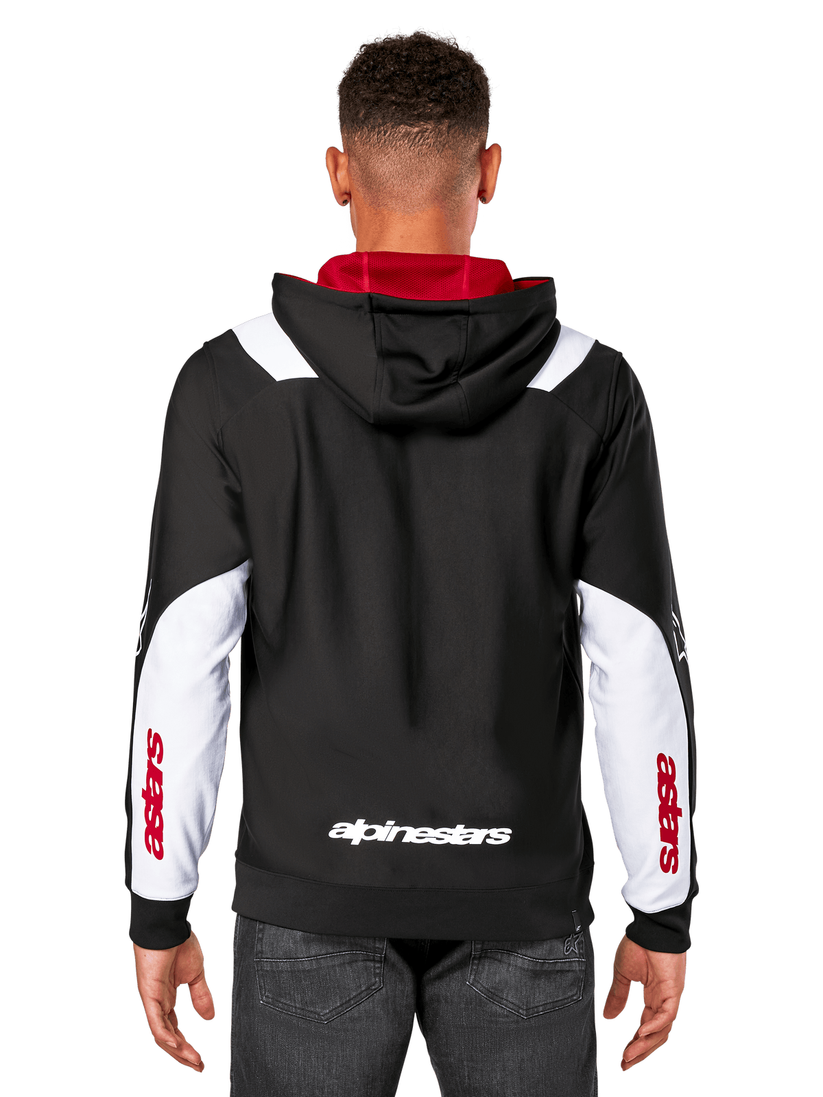 Hoodie Alpinestars Sessions V3, vista traseira, preto com painéis brancos nas mangas e forro do capuz vermelho, com logótipo branco nas costas e marca vermelha nas mangas, streetwear casual inspirado no desporto motorizado