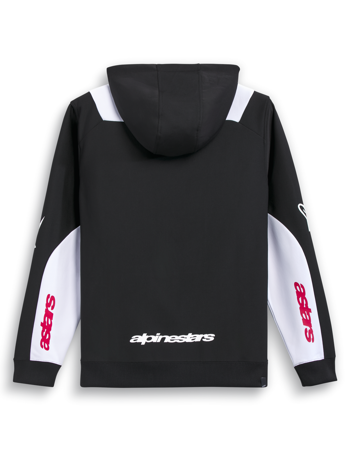 Alpinestars Sessions V3 Hoodie, sweatshirt com fecho e capuz desportiva preta, branca e vermelha, vista traseira mostrando impressão com o logótipo nas costas e painéis brancos nas mangas