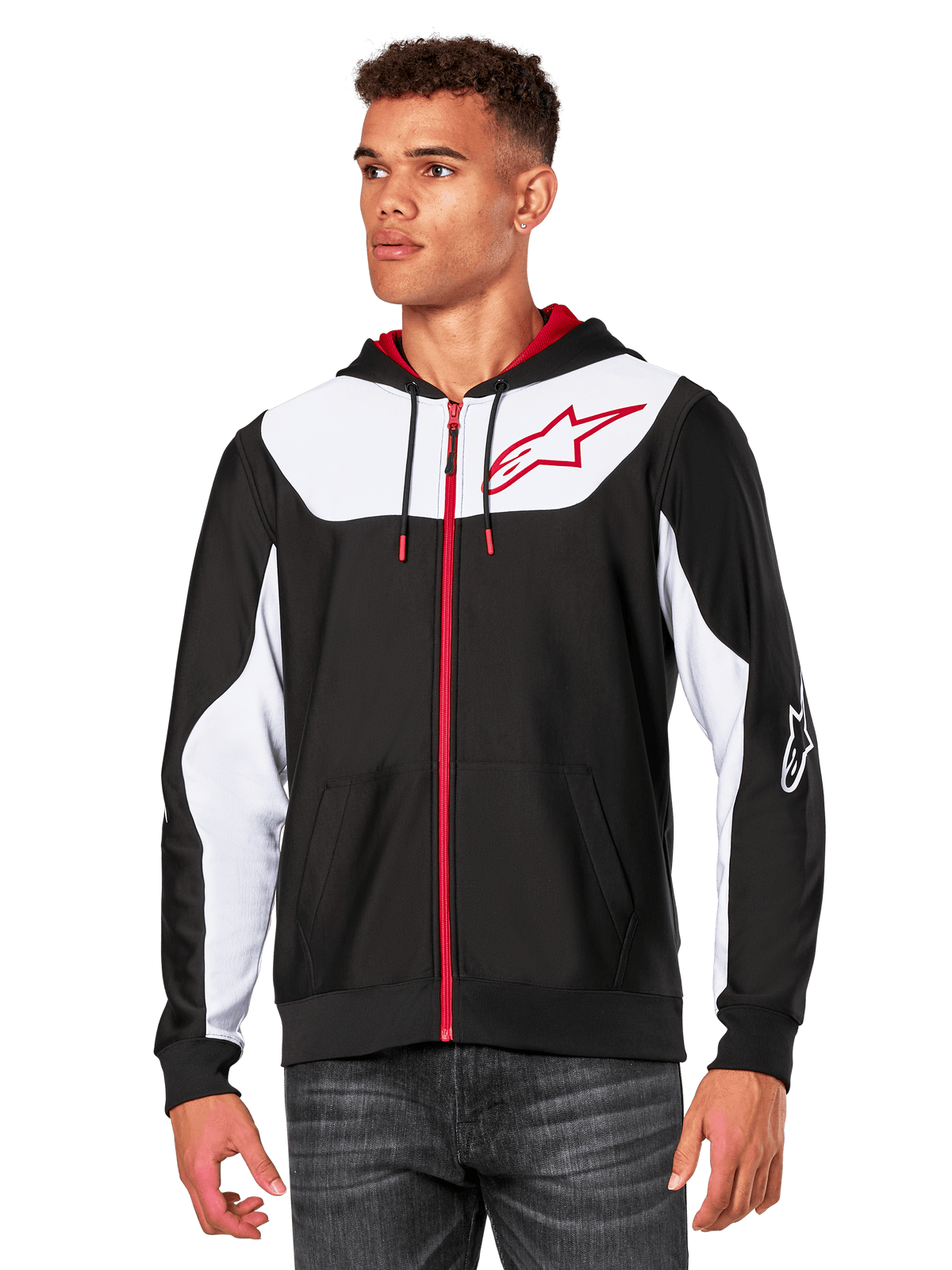 Alpinestars Sessions V3 Hoodie, hoodie com fecho frontal, preto com painéis brancos e detalhes vermelhos, fecho vermelho, capuz forrado a malha, logótipo de estrela Alpinestars no peito, streetwear casual inspirado no desporto motorizado