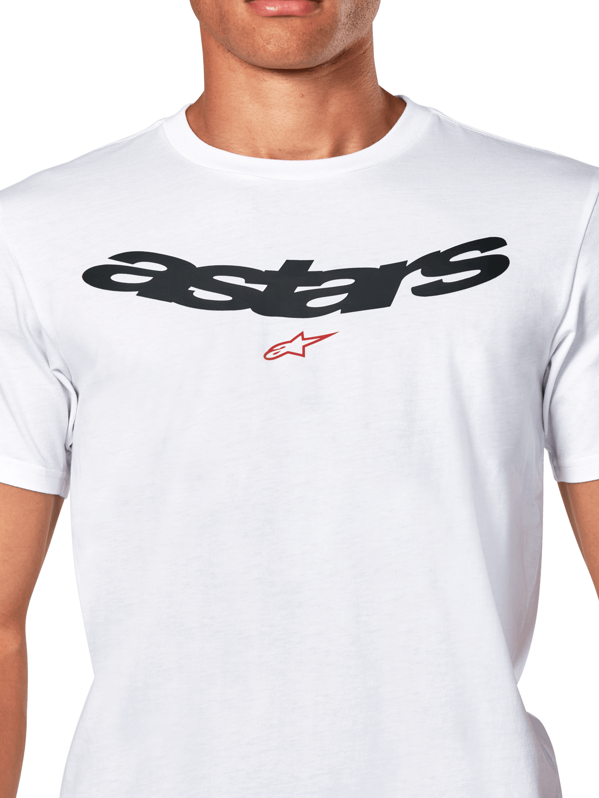 Alpinestars Elliptic CSF Tee, t-shirt de manga curta, branca, logótipo Arched Astars em preto com símbolo vermelho no peito, roupa desportiva casual de motorsport